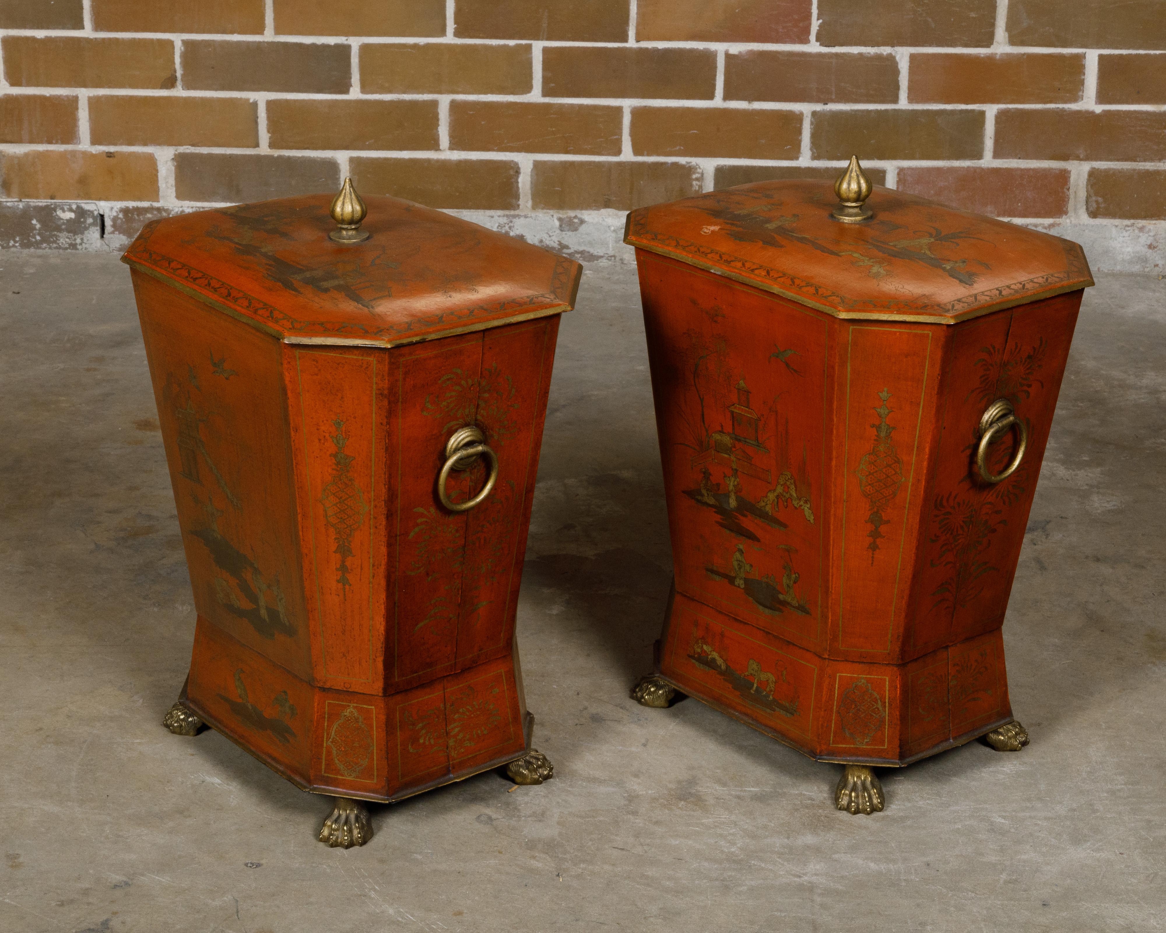 Pair of English Victorian 19th Century Red Lacquer Cellarettes with Chinoiseries For Sale 5