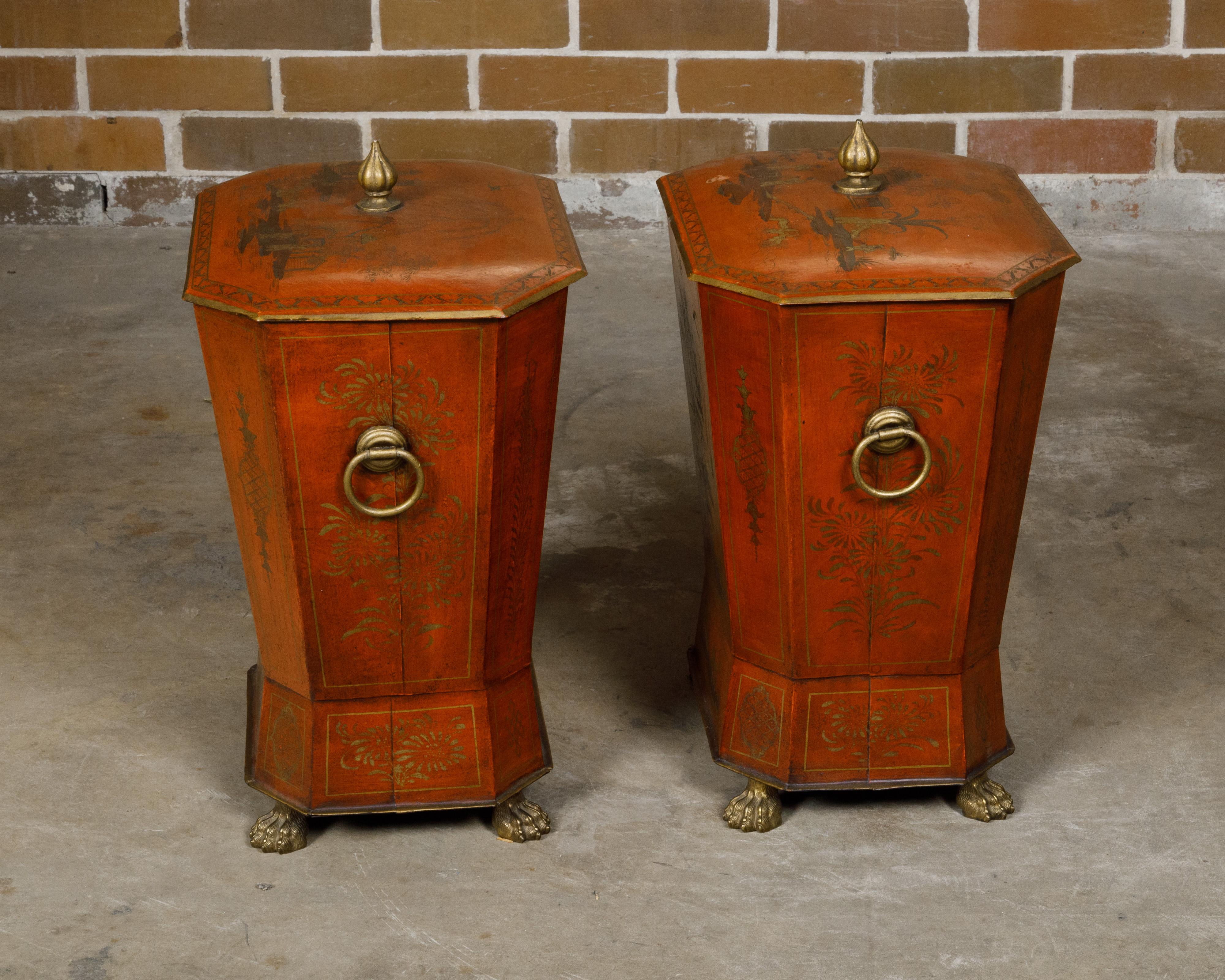 Pair of English Victorian 19th Century Red Lacquer Cellarettes with Chinoiseries For Sale 6