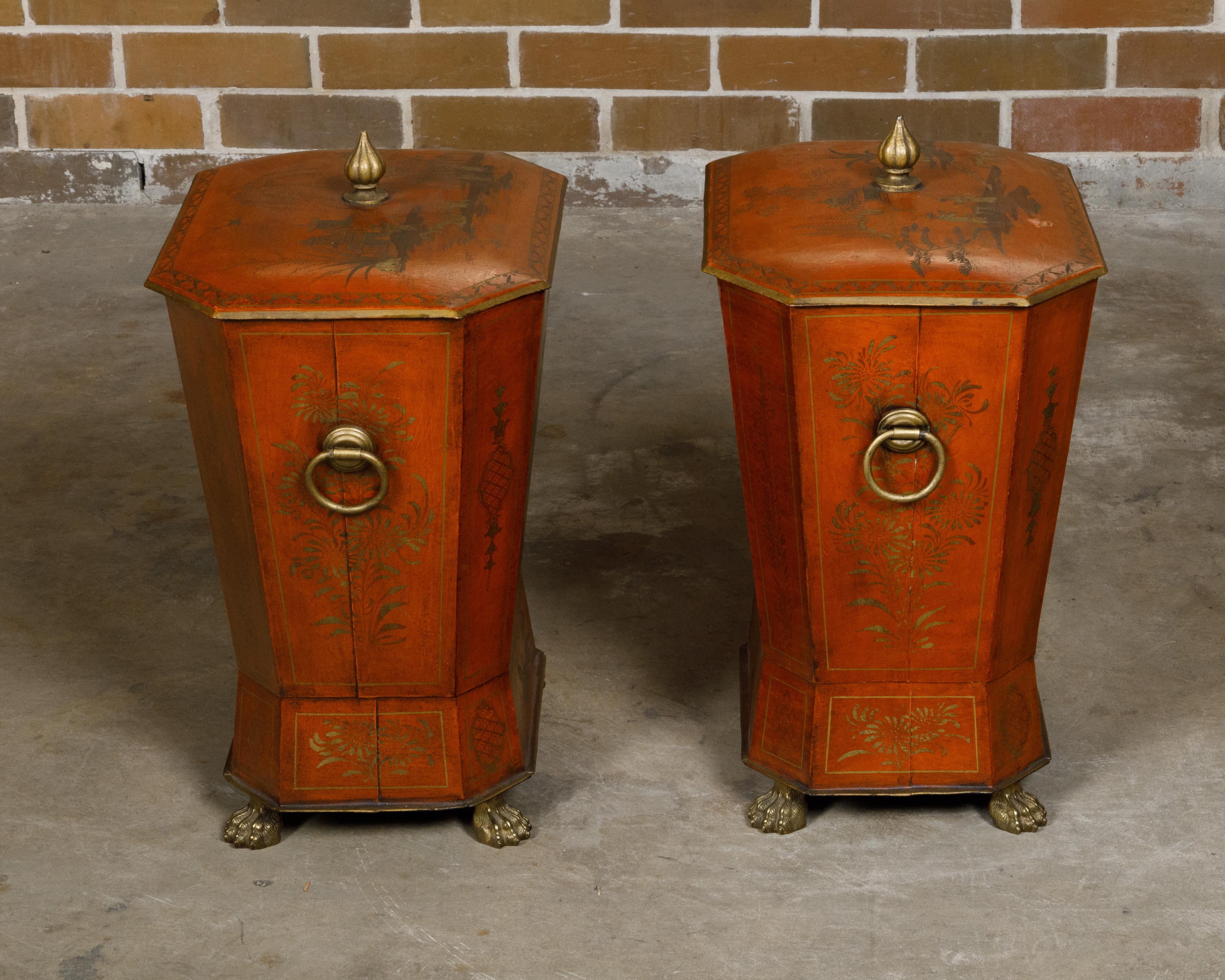 Pair of English Victorian 19th Century Red Lacquer Cellarettes with Chinoiseries For Sale 8