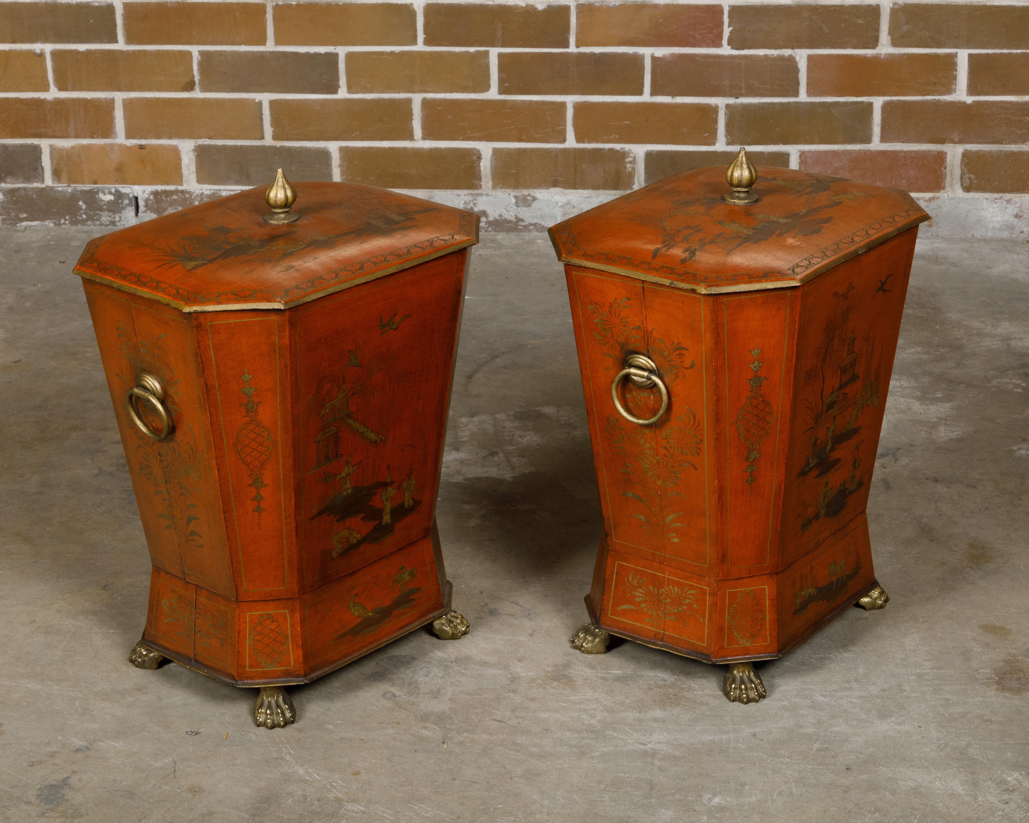 Pair of English Victorian 19th Century Red Lacquer Cellarettes with Chinoiseries For Sale 9