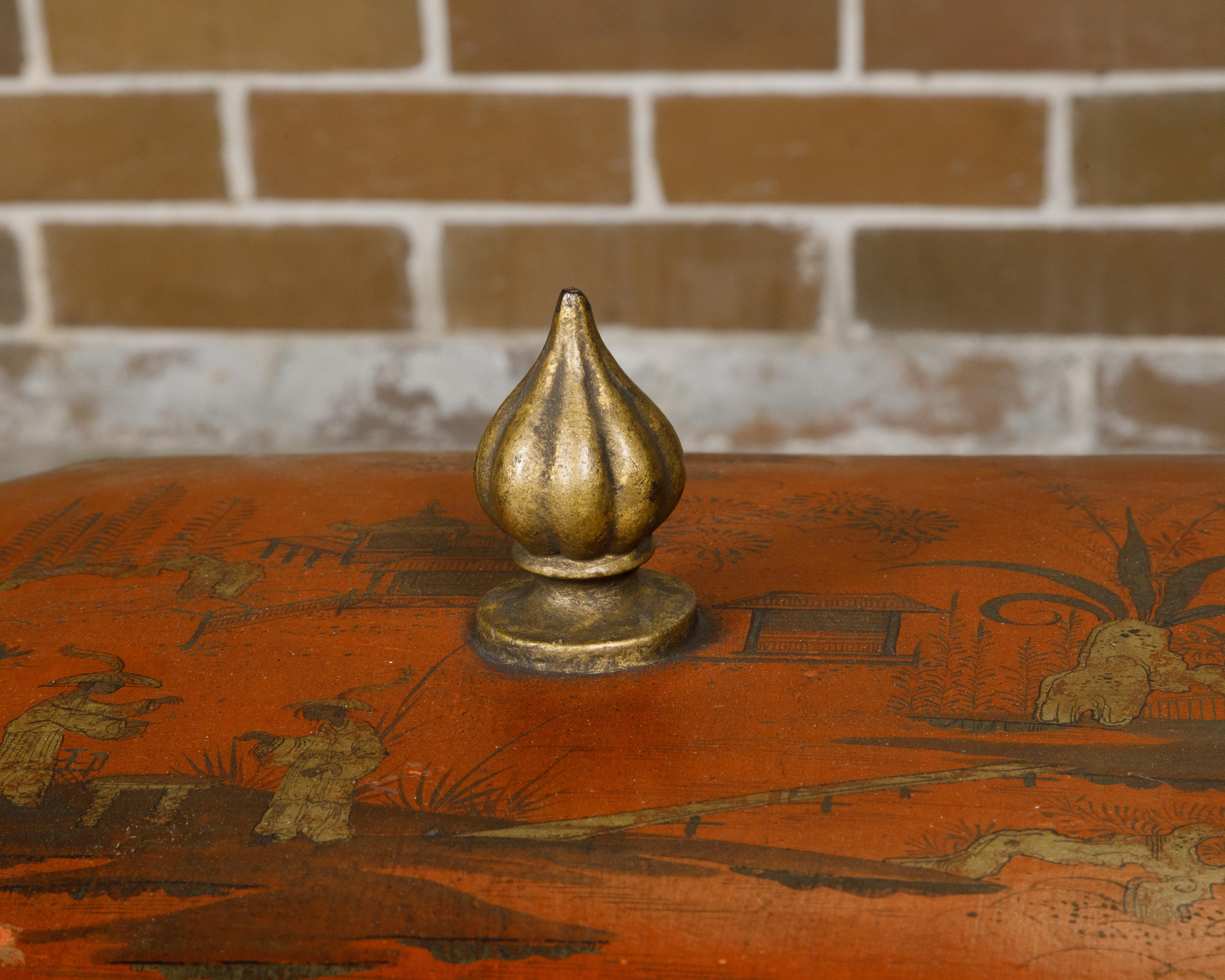 Brass Pair of English Victorian 19th Century Red Lacquer Cellarettes with Chinoiseries For Sale