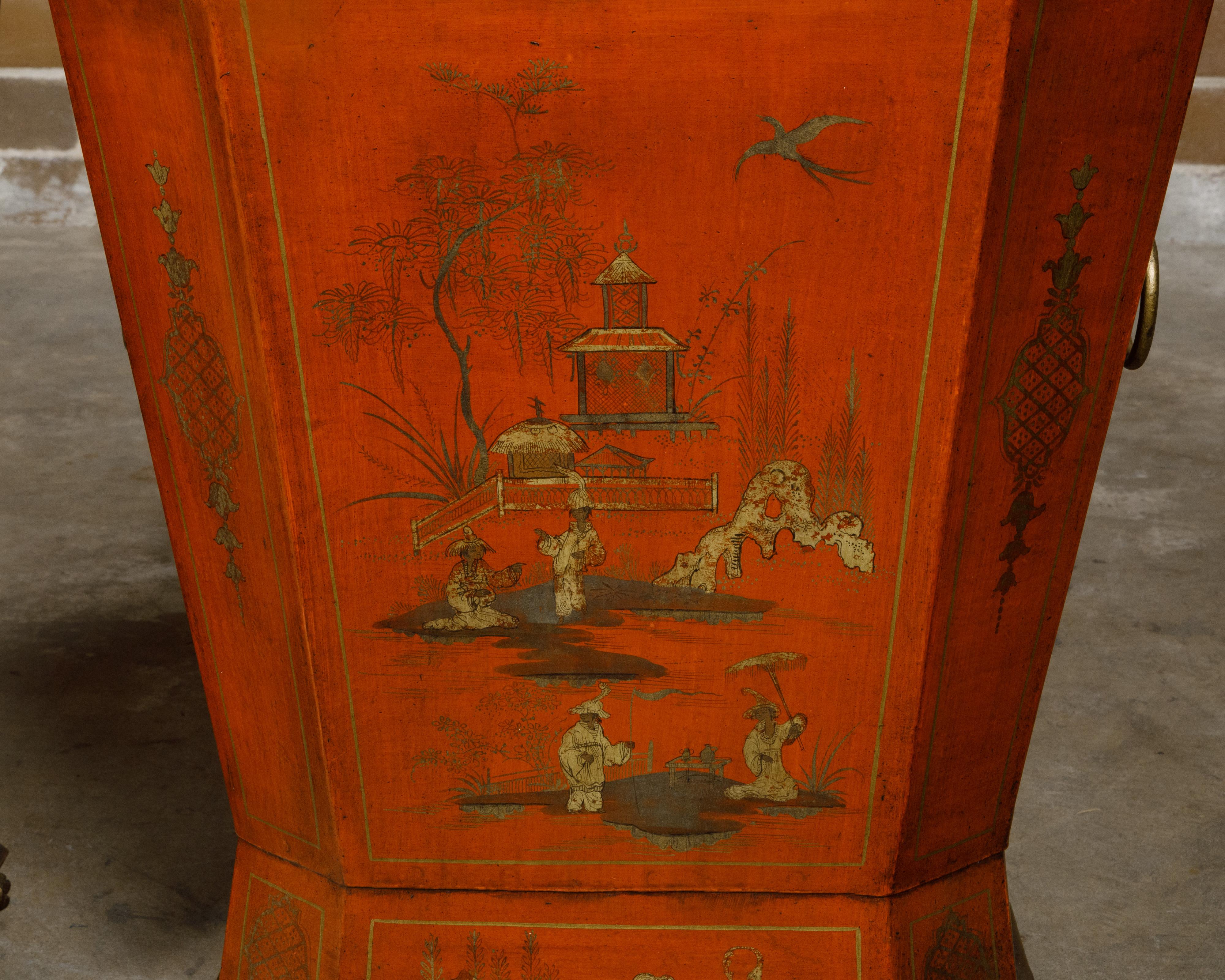 Pair of English Victorian 19th Century Red Lacquer Cellarettes with Chinoiseries For Sale 1
