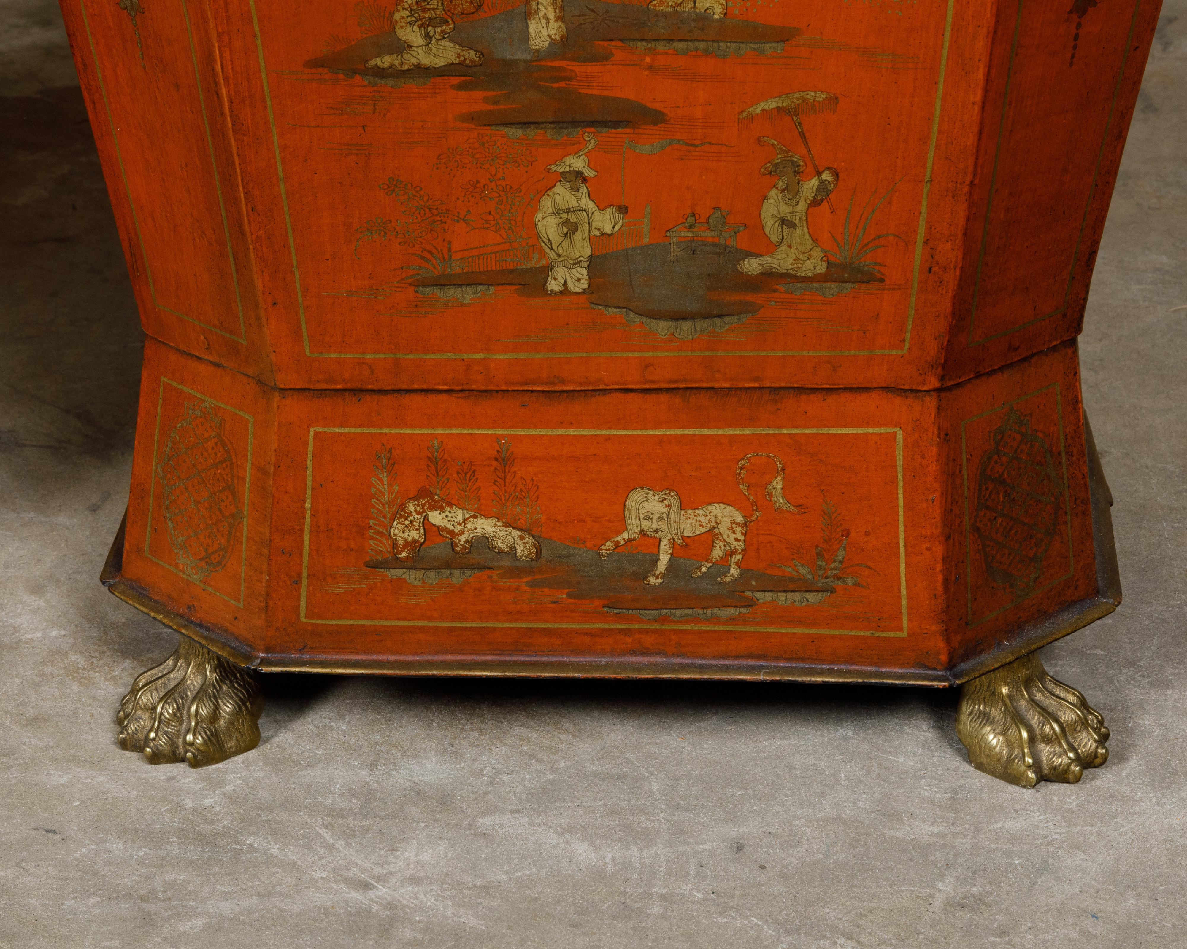 Pair of English Victorian 19th Century Red Lacquer Cellarettes with Chinoiseries For Sale 2