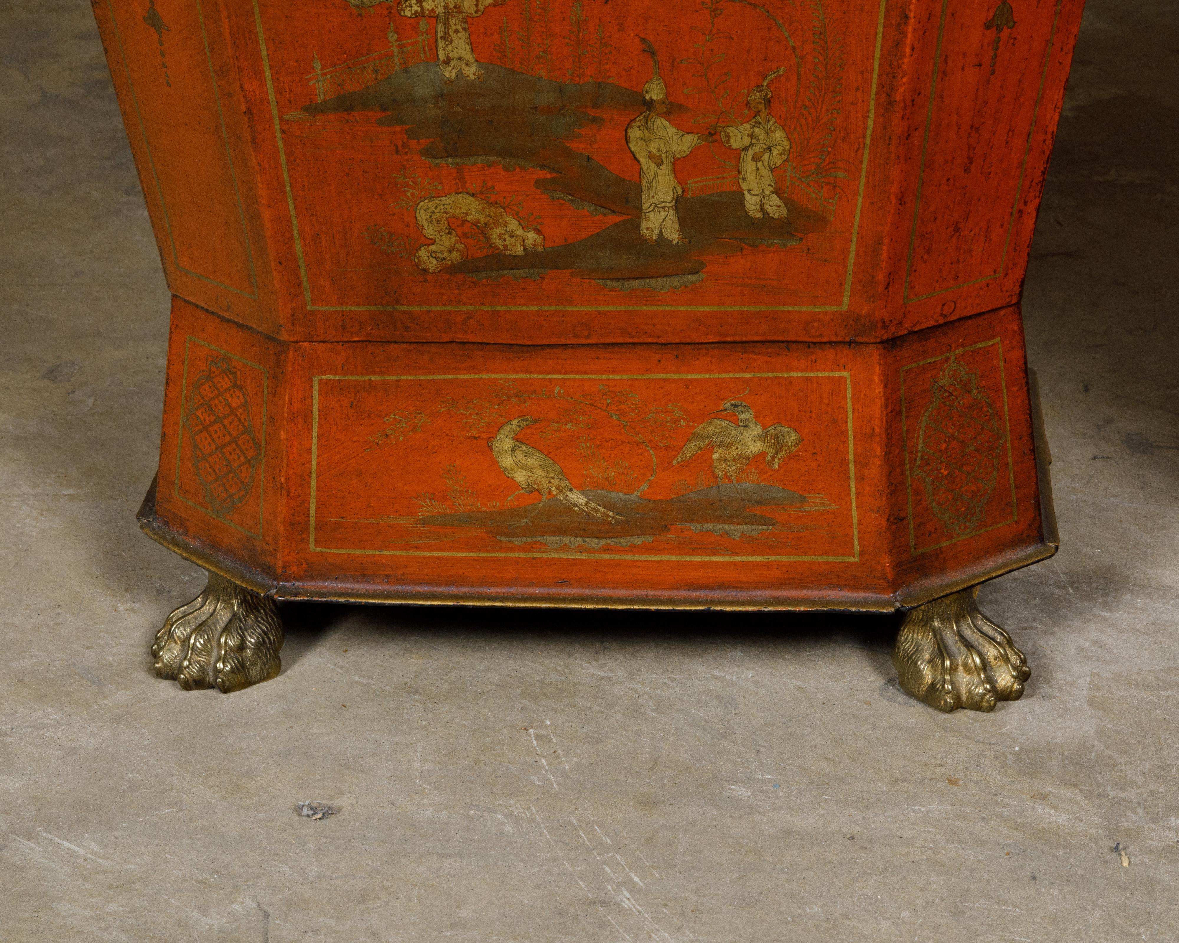 Pair of English Victorian 19th Century Red Lacquer Cellarettes with Chinoiseries For Sale 4
