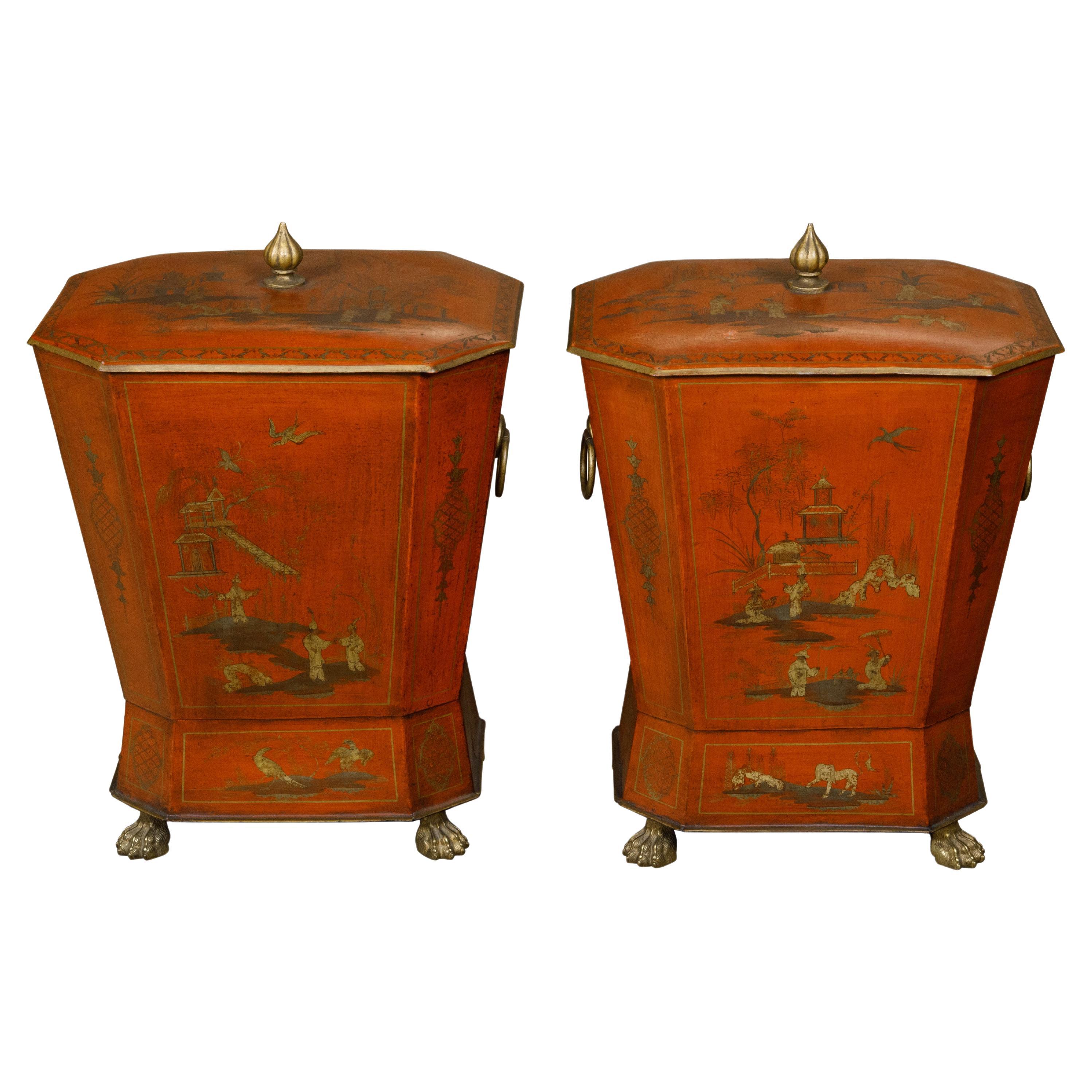 Pair of English Victorian 19th Century Red Lacquer Cellarettes with Chinoiseries For Sale
