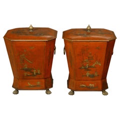 Antique Pair of English Victorian 19th Century Red Lacquer Cellarettes with Chinoiseries