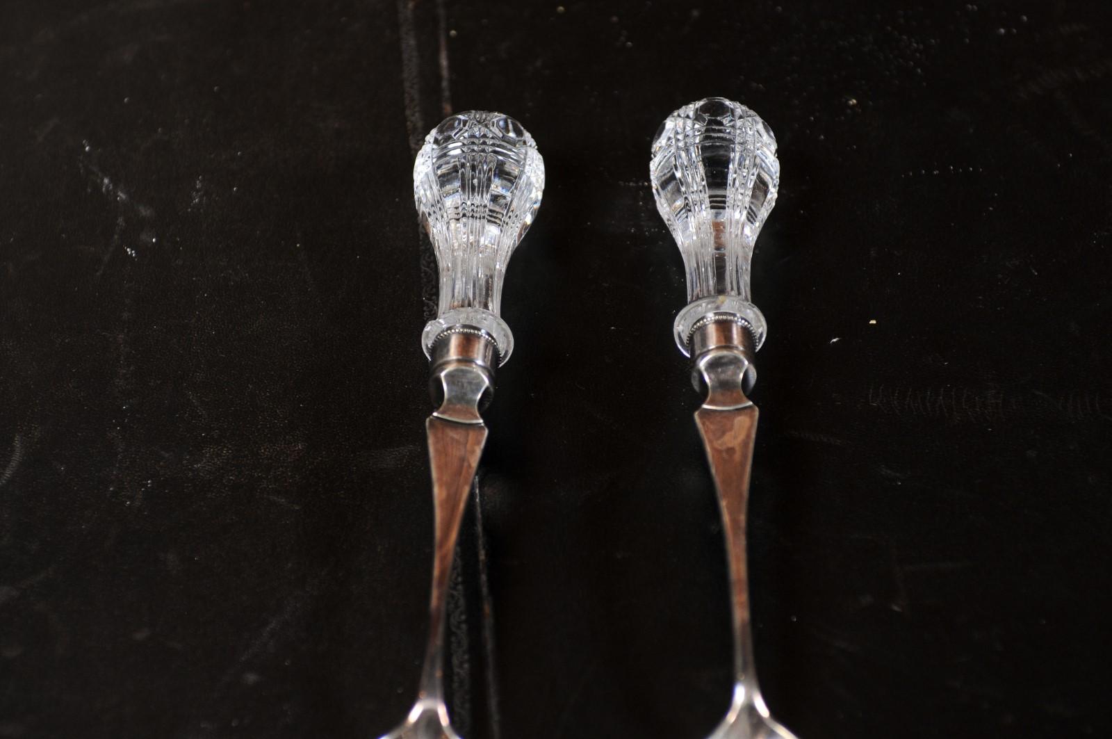 Pair of English Victorian 19th Century Silver Serving Spoons with Glass Handles For Sale 7