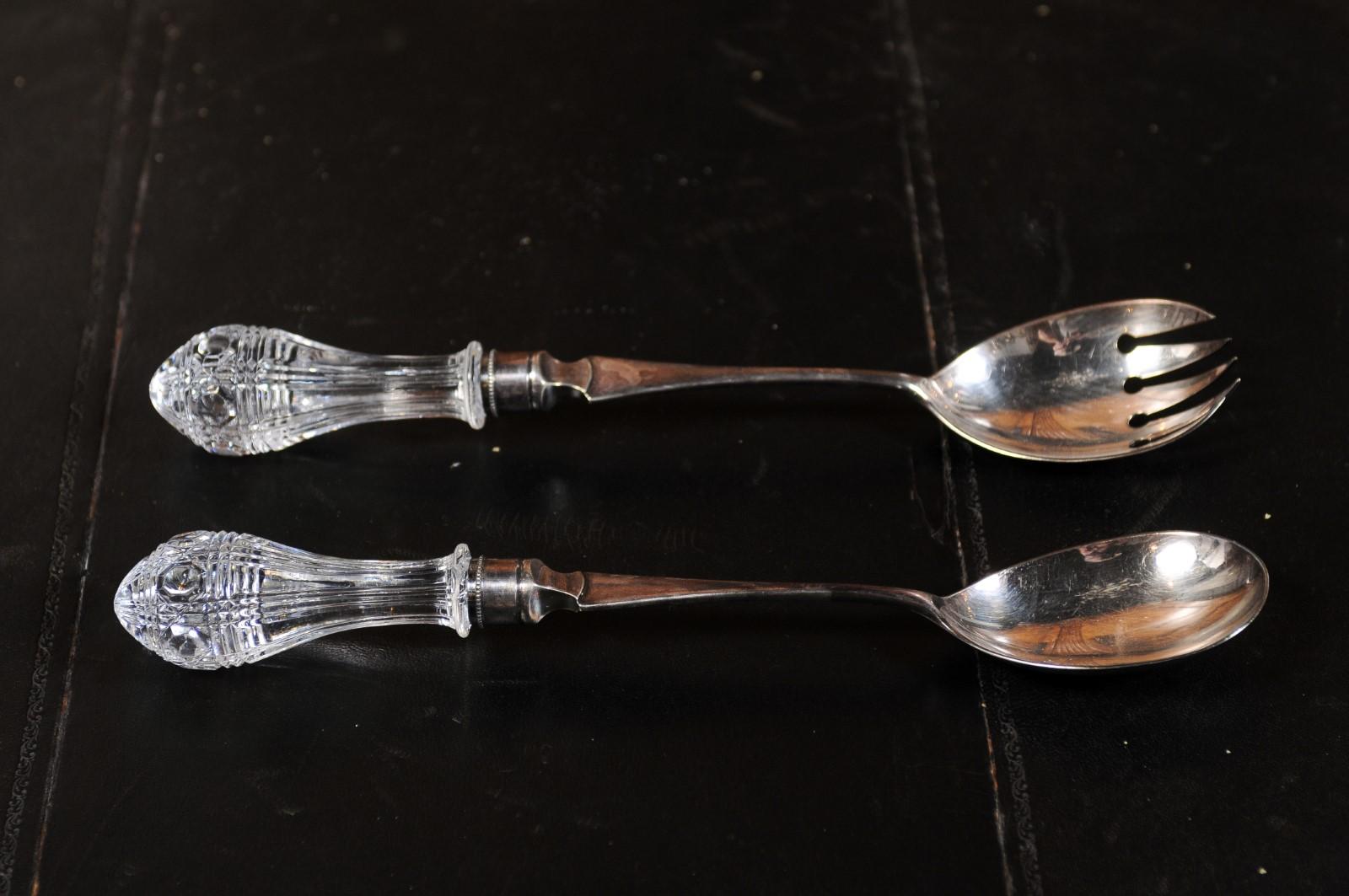 Pair of English Victorian 19th Century Silver Serving Spoons with Glass Handles For Sale 8