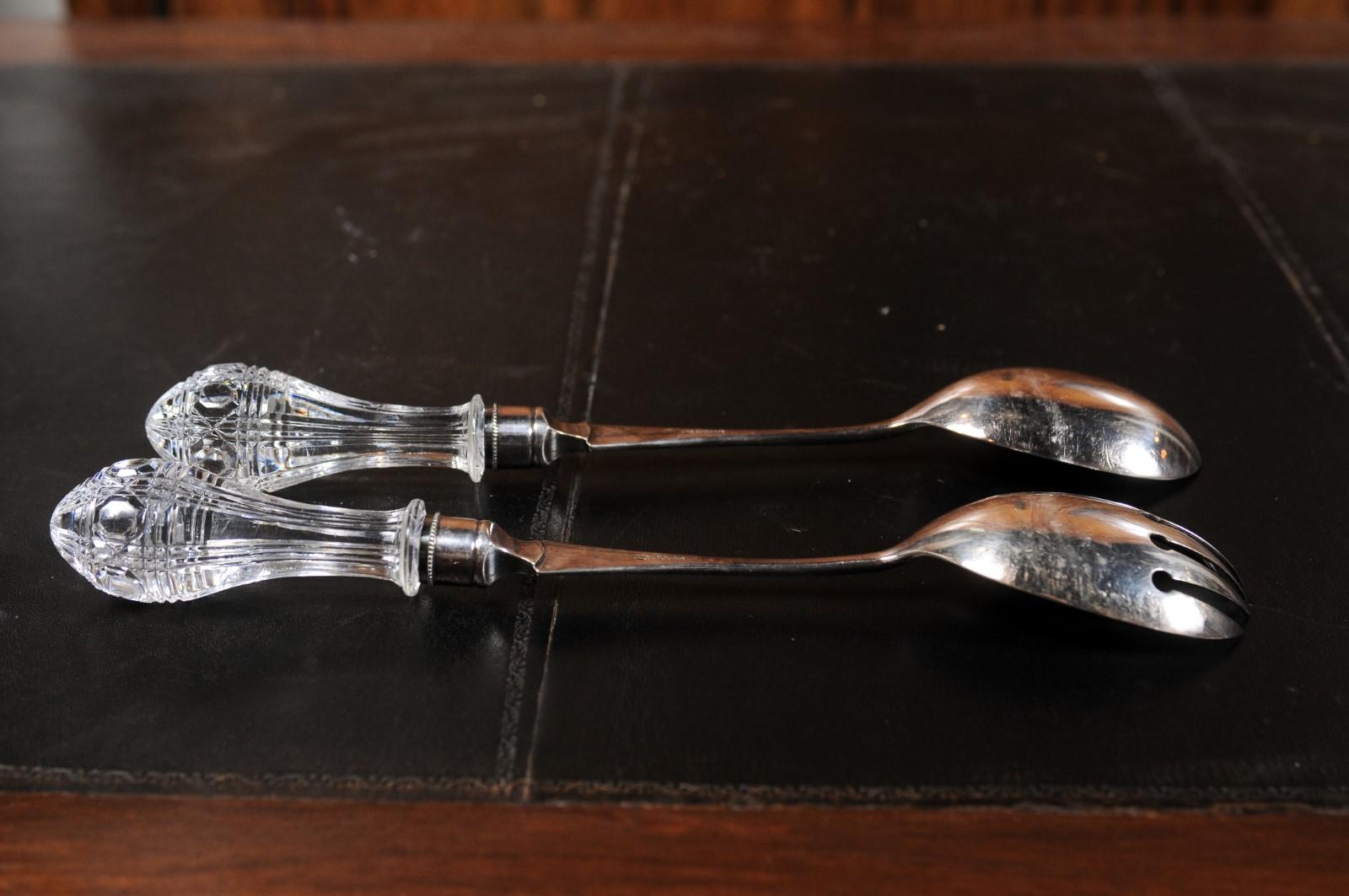 Pair of English Victorian 19th Century Silver Serving Spoons with Glass Handles For Sale 1