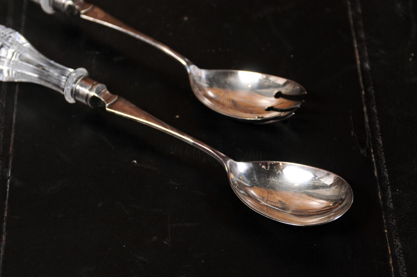 Pair of English Victorian 19th Century Silver Serving Spoons with Glass Handles For Sale 5
