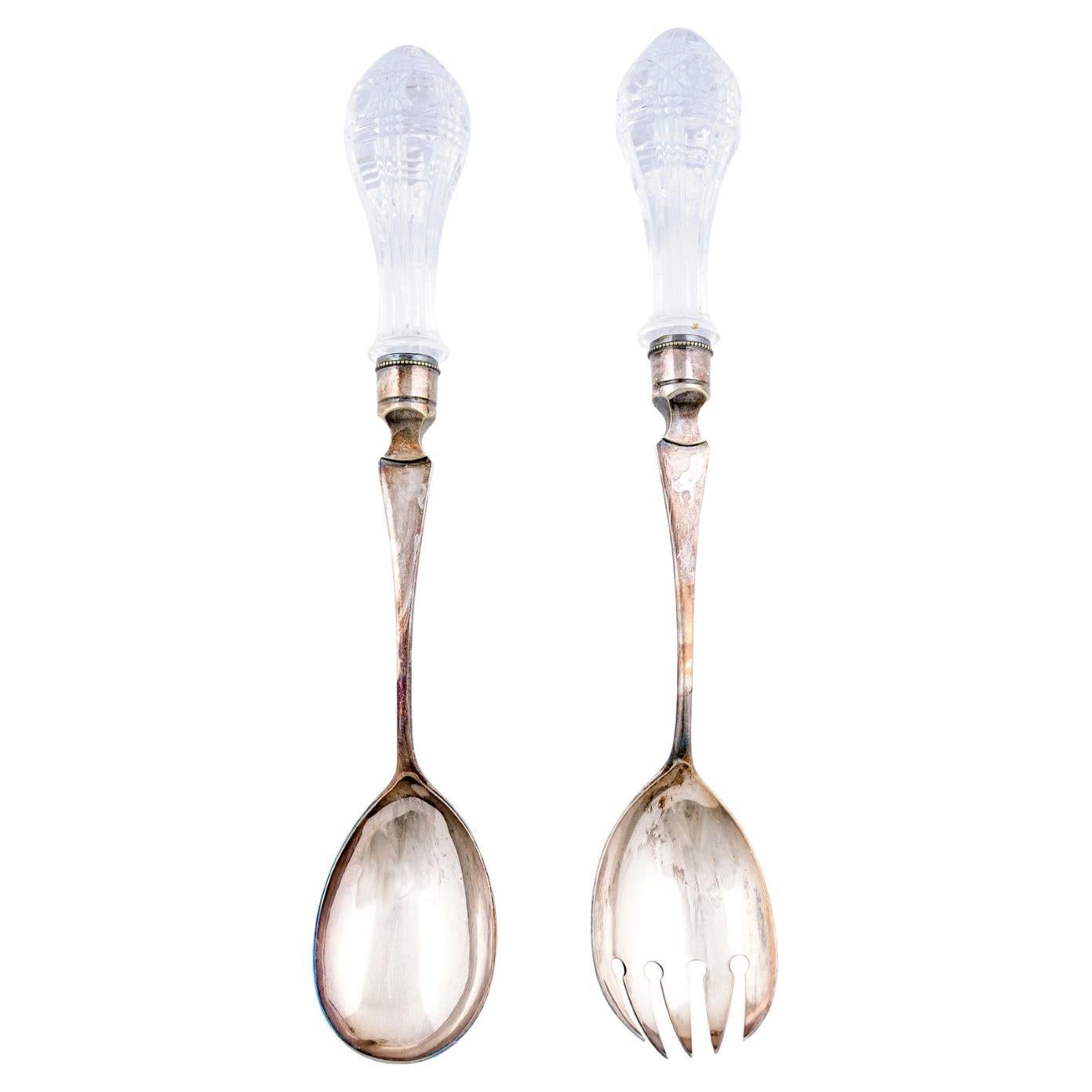 Pair of English Victorian 19th Century Silver Serving Spoons with Glass Handles For Sale