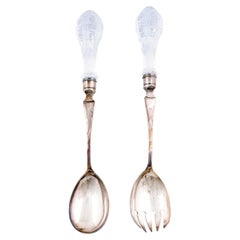 Pair of English Victorian 19th Century Silver Serving Spoons with Glass Handles