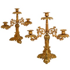 Pair of English Victorian Antique Gilt-Bronze Three-Light Candelabras