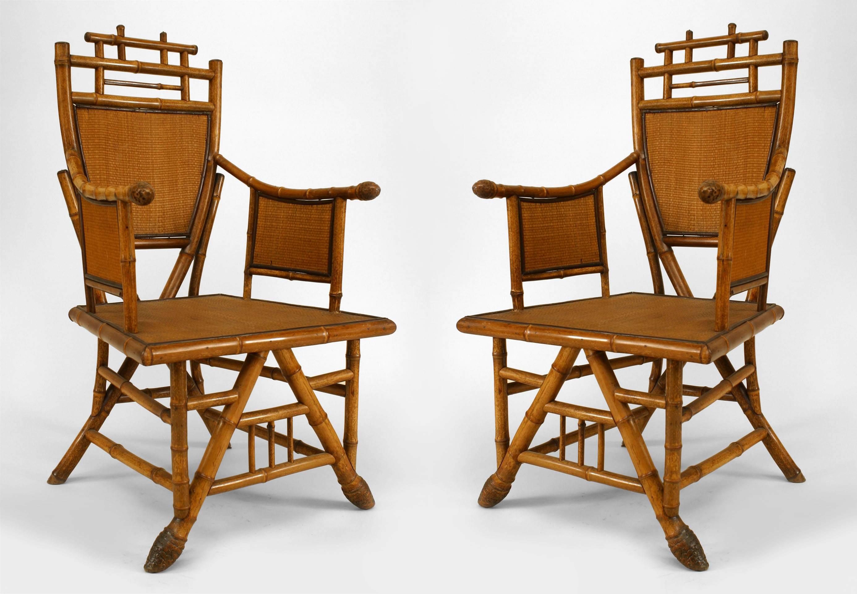 Pair of English Victorian bamboo shield back Armchairs with rush panels on seat, back, and arms (19th Cent)
