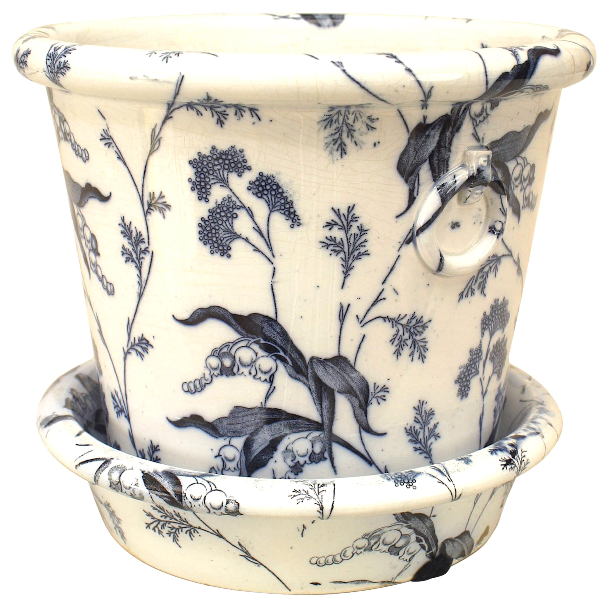 Pair of English Victorian Blue and White Ceramic Pots For Sale