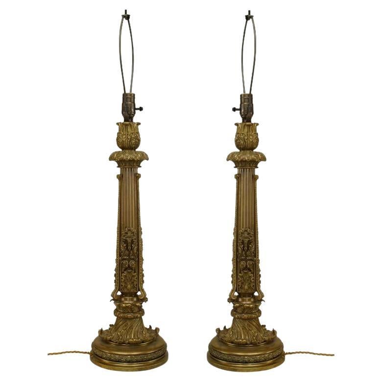 Victorian Brass Table Lamps, Altar Stick Design, 19th Century Pair