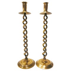 Pair of English Victorian Brass Spiral Candlesticks, Early 20th Century