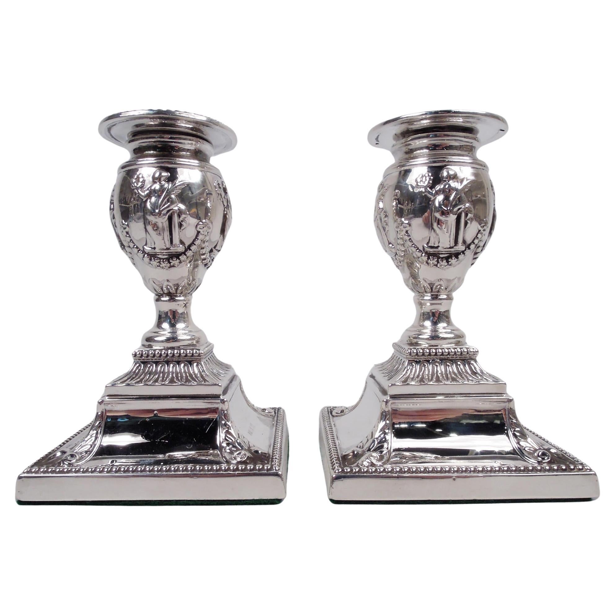 Pair of English Victorian Classical Sterling Silver Candlesticks, 1881
