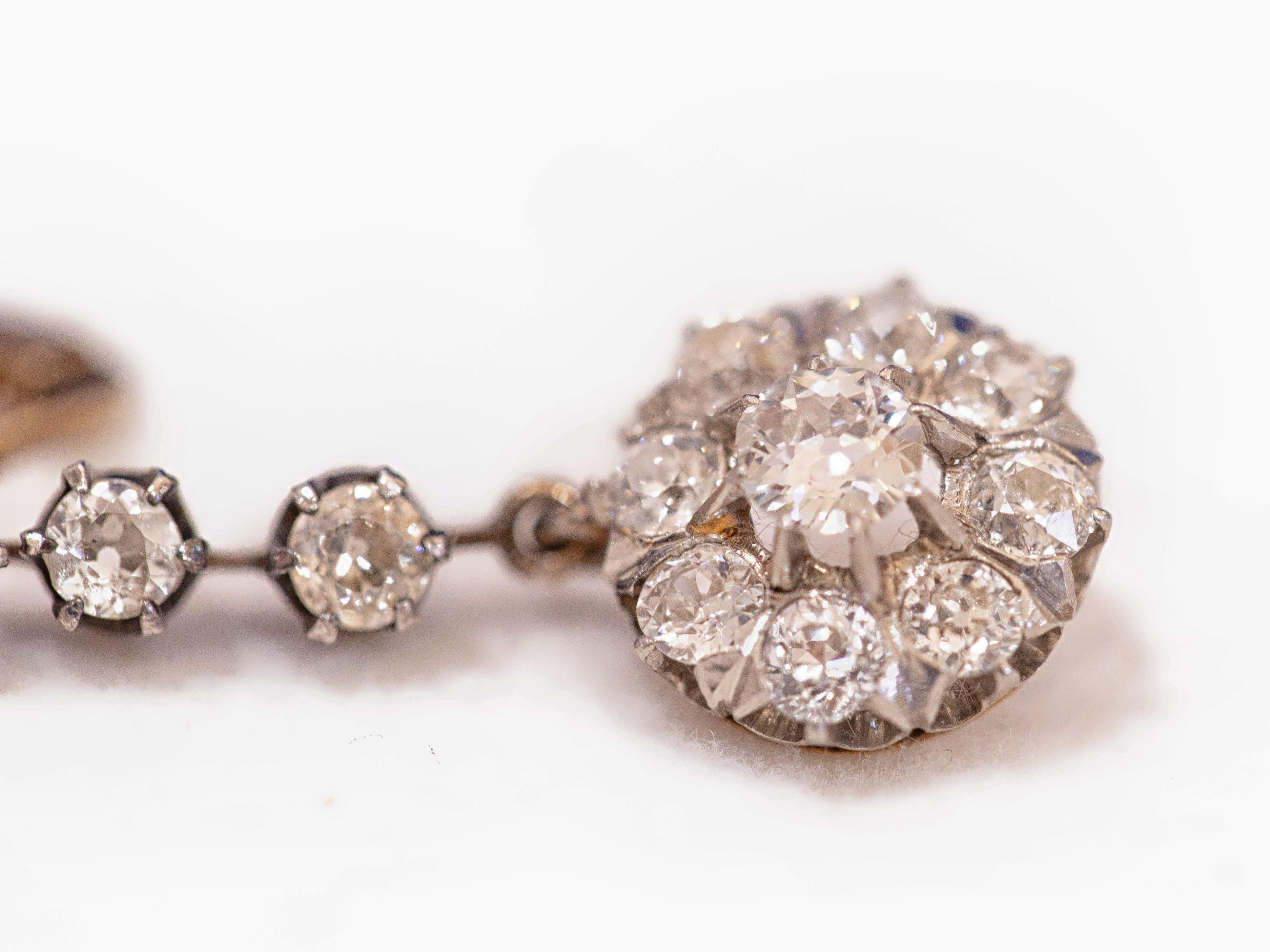 Pair of English Victorian Diamond Earrings in Silver on Gold Setting, circa 1880 In Good Condition In Miami, FL