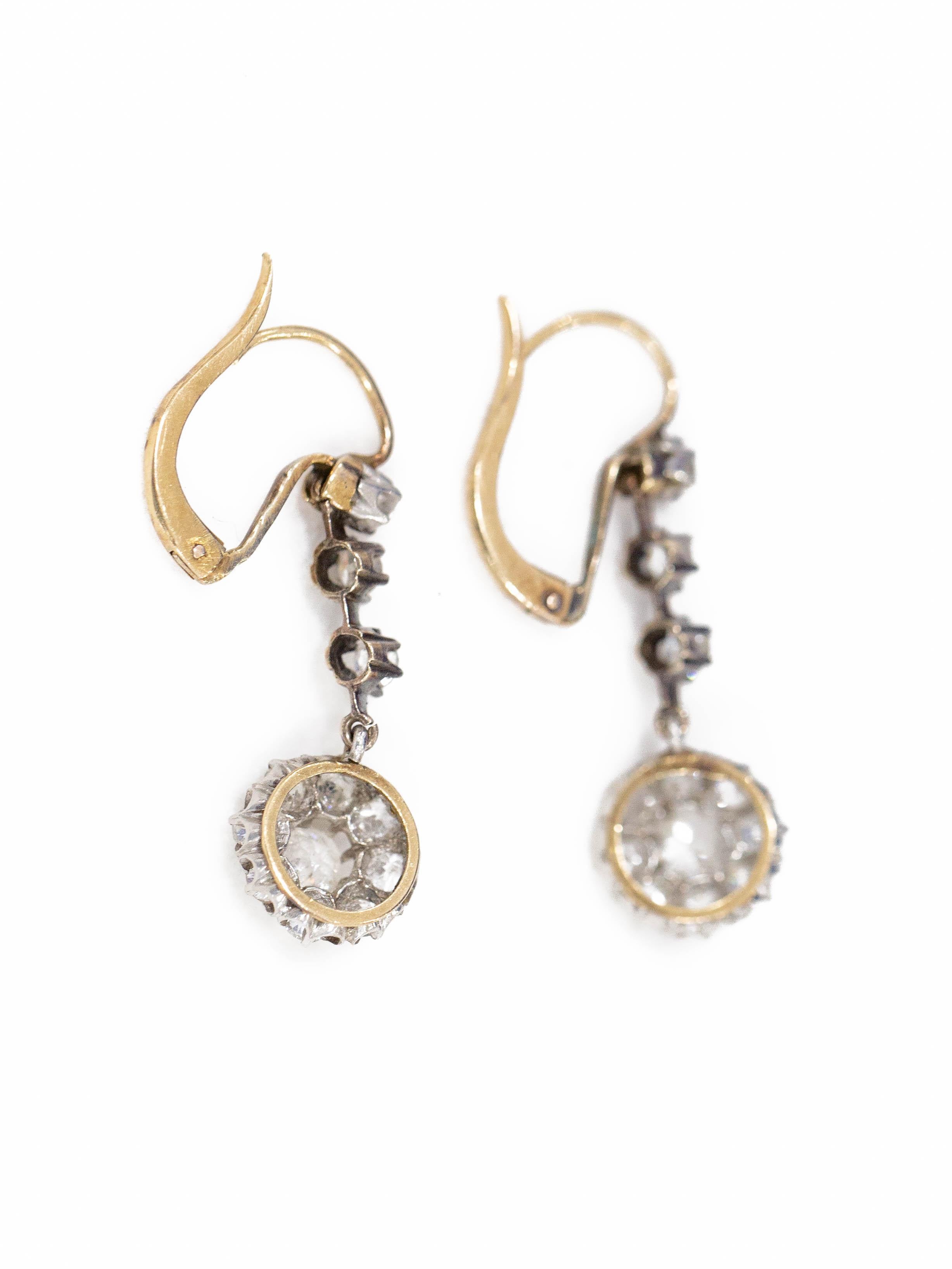 Women's Pair of English Victorian Diamond Earrings in Silver on Gold Setting, circa 1880