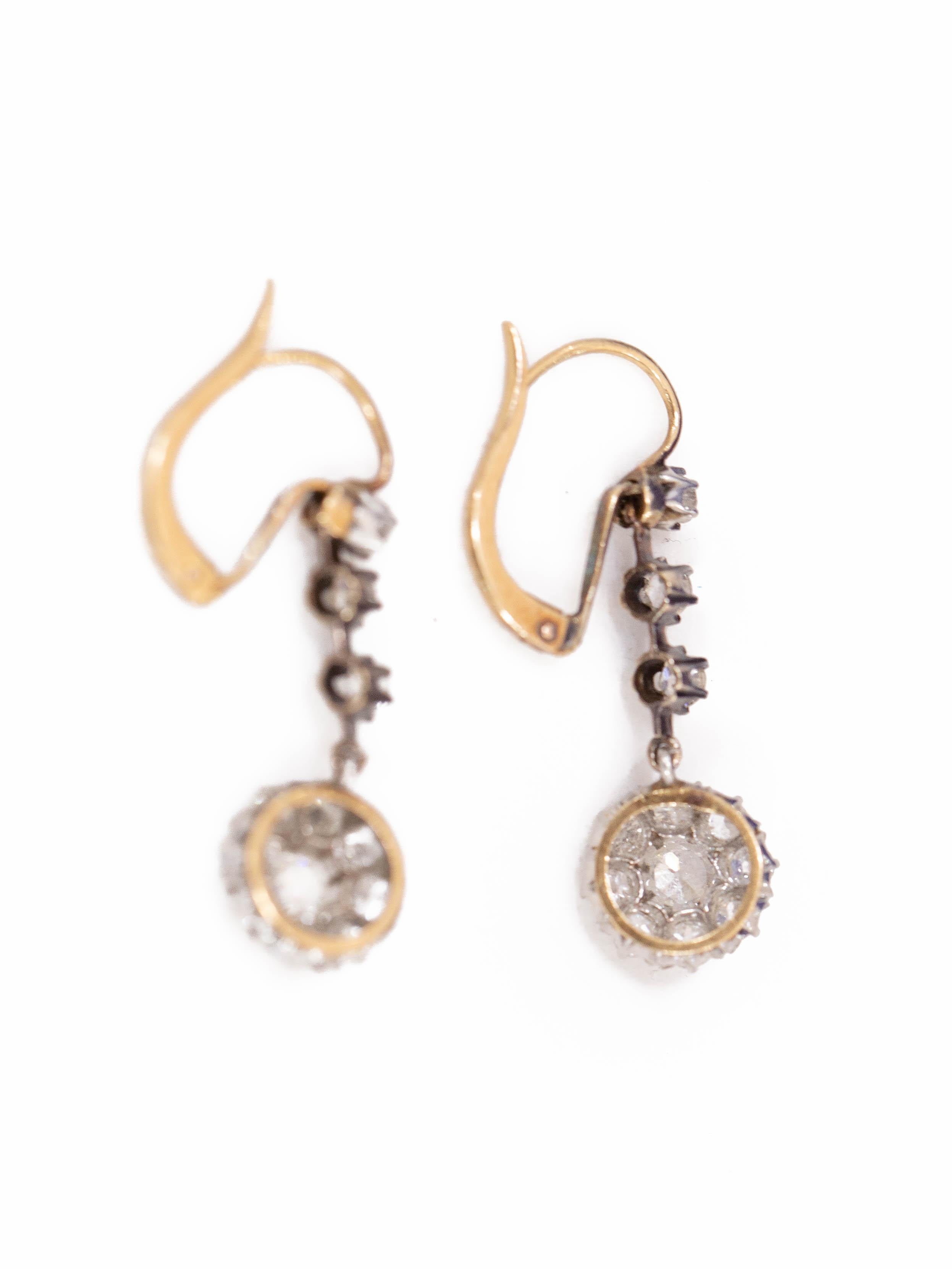 Pair of English Victorian Diamond Earrings in Silver on Gold Setting, circa 1880 1