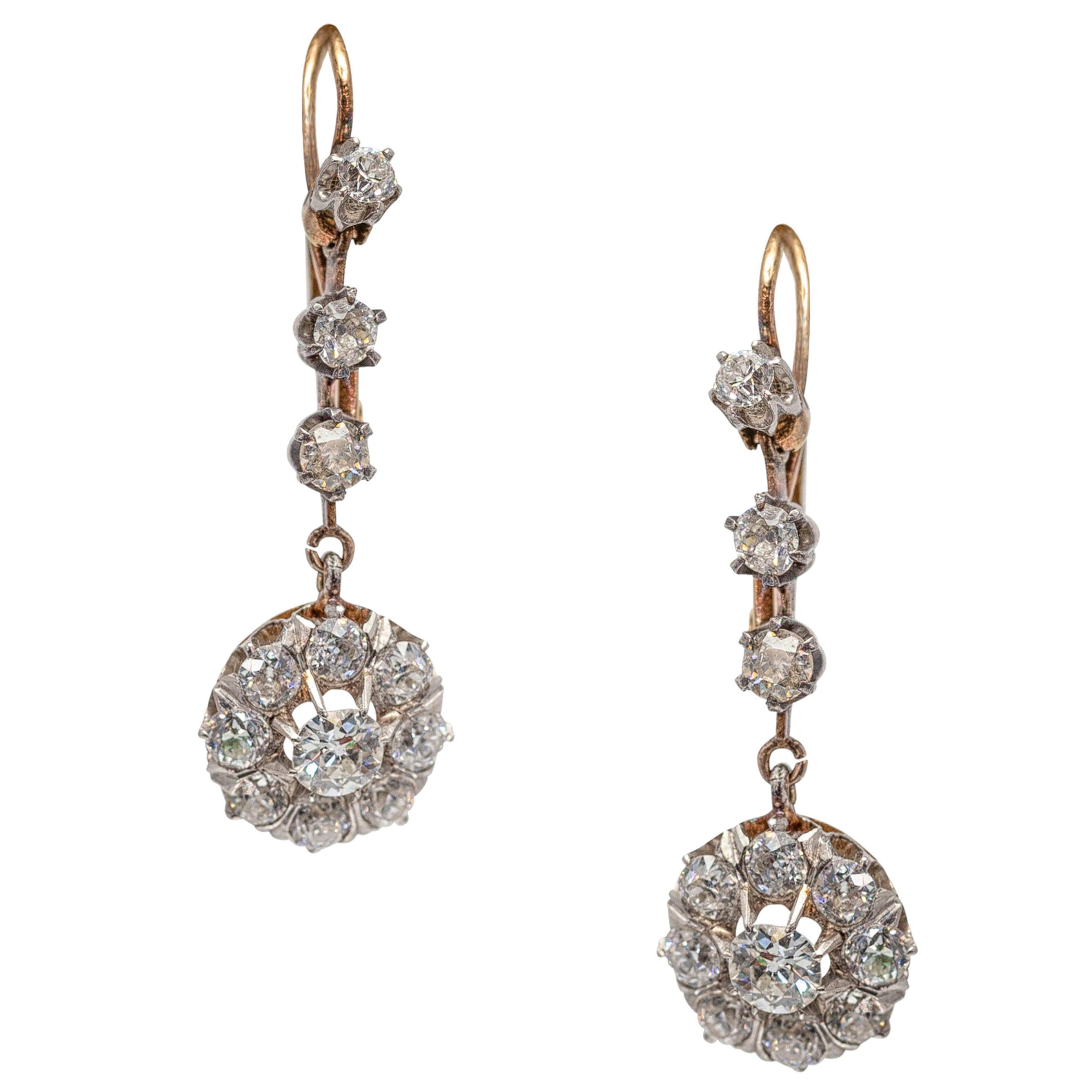 Pair of English Victorian Diamond Earrings in Silver on Gold Setting, circa 1880