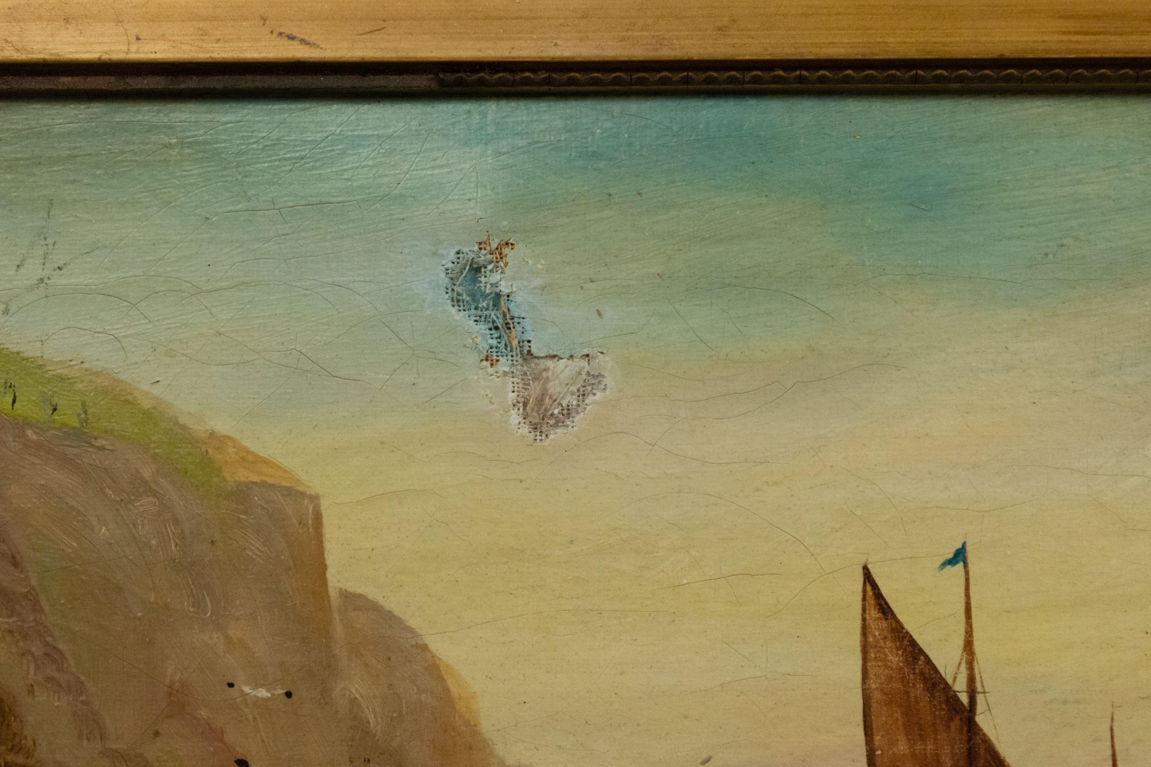 Hand-Painted Pair of English Victorian Gilt Seascape Paintings For Sale
