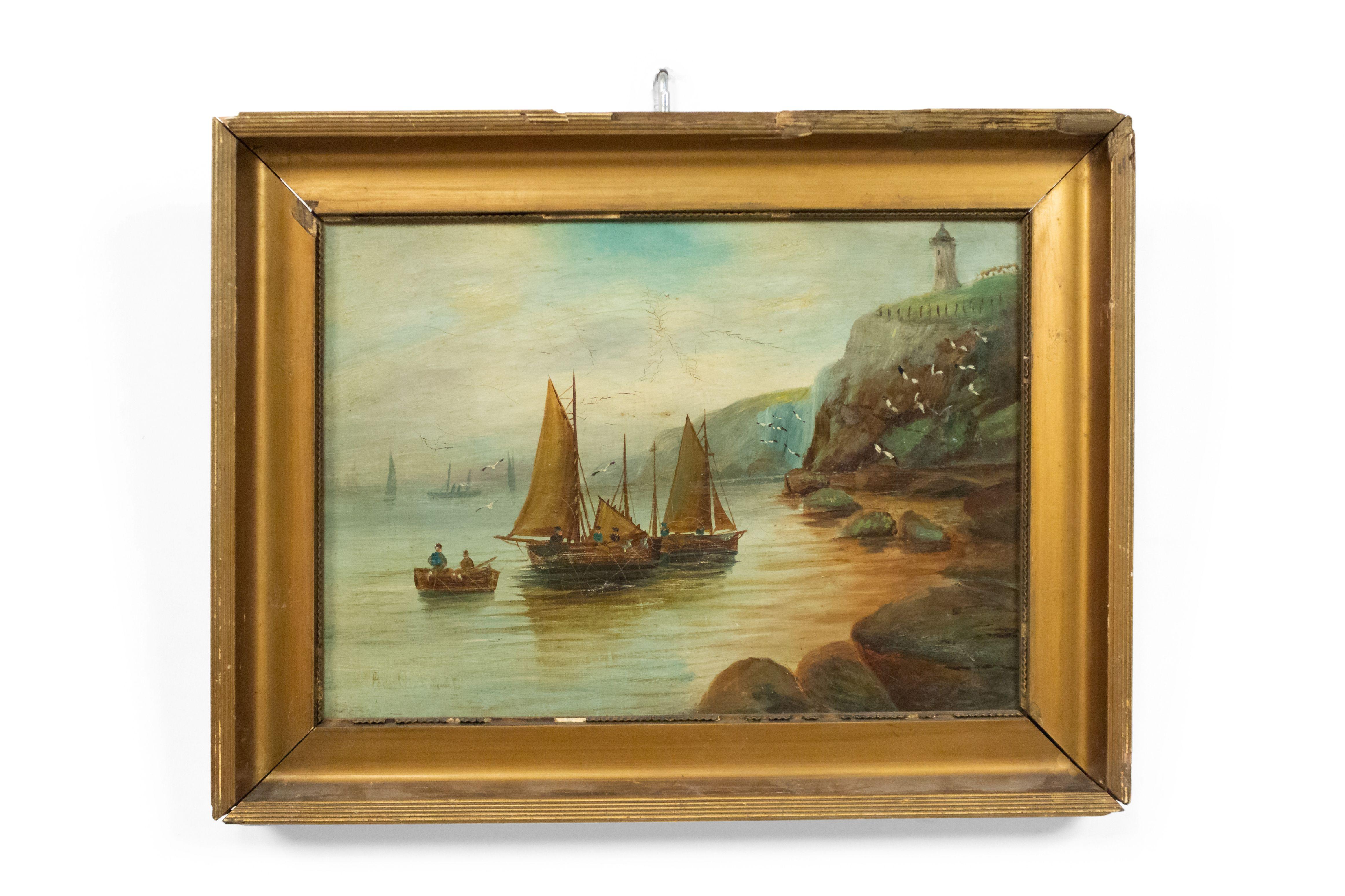Pair of English Victorian Gilt Seascape Paintings For Sale 1