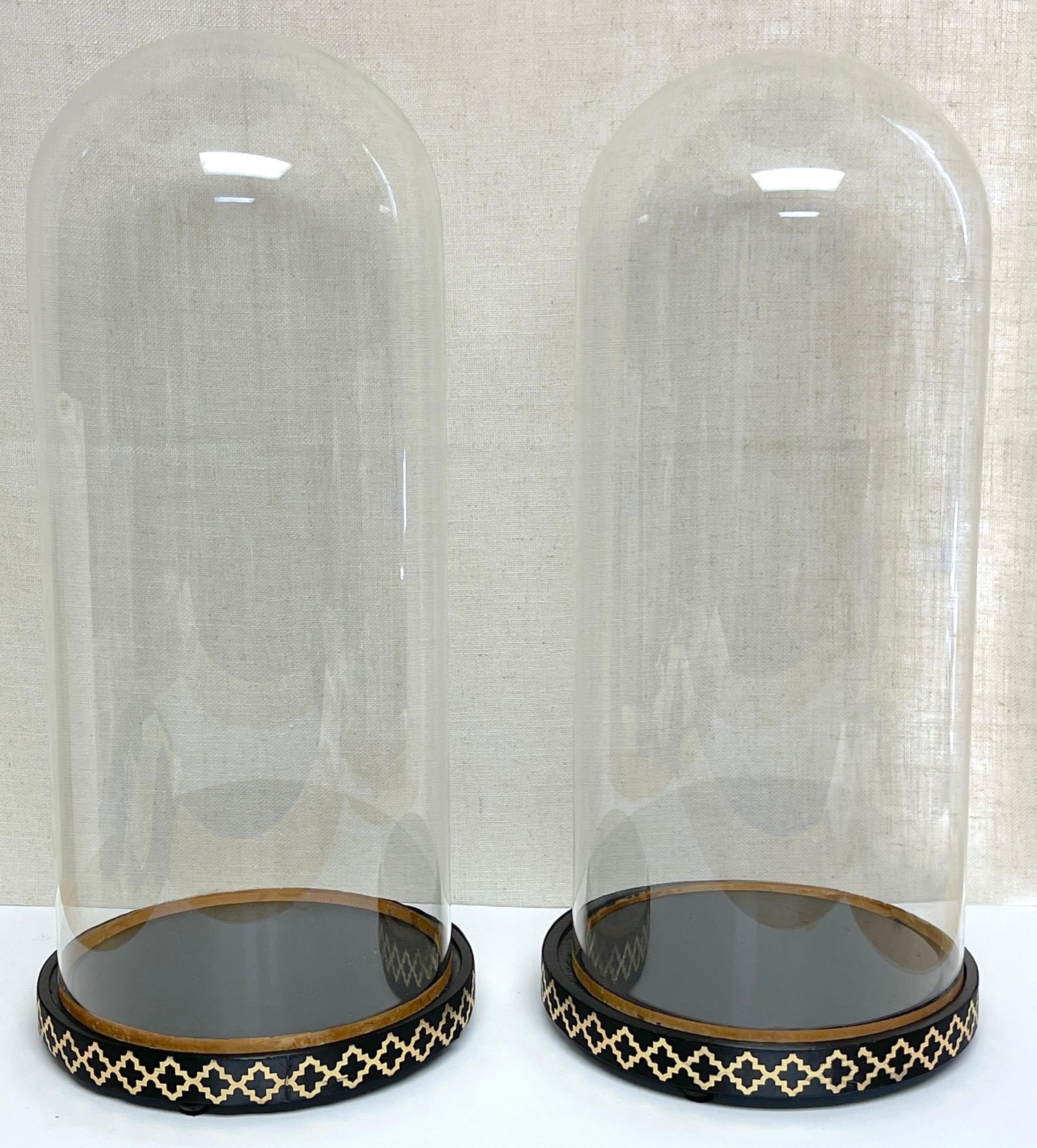 Paar englische viktorianische Glasglockenkuppeln/Clochen mit Ständern
England, um 1880



Jede Kuppel von guter Größe, ausgestattet mit abnehmbaren mundgeblasenen Klarglaskuppeln/ Ccoche. Die Kuppeln stehen auf einem Sockel aus ebonisiertem