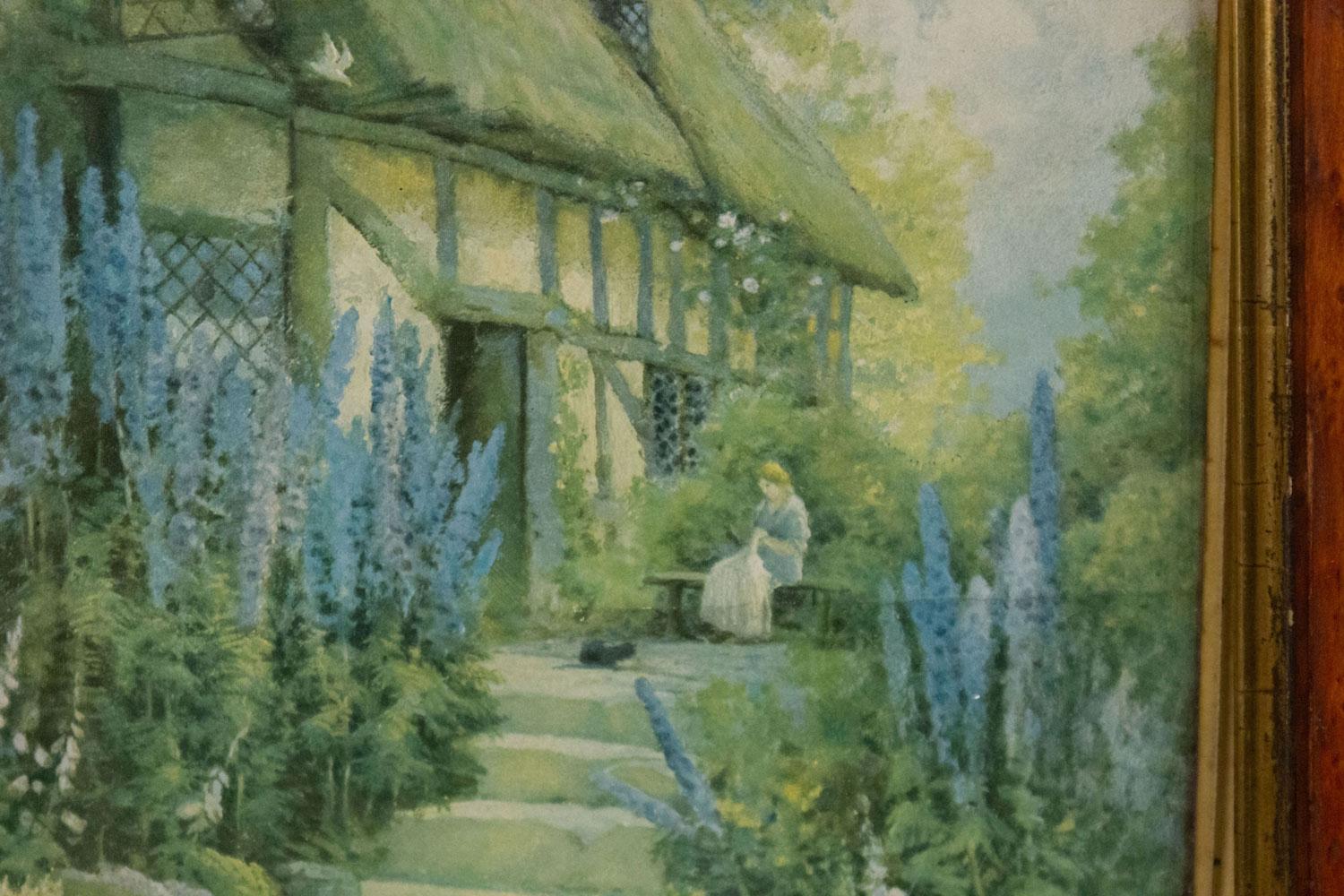 Britannique Paire de maisons victoriennes à toit de chaume dans un paysage anglais en vente