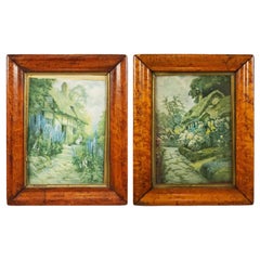 Antique Pair of English Victorian Landscape of Thatched Roof Houses