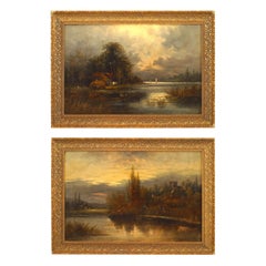 Pair of English Victorian Landscapes of Lake Houses