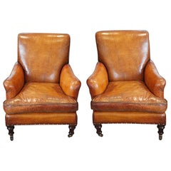 Pair of English Victorian Leather and Mahogany Club Library Chairs, circa 1890