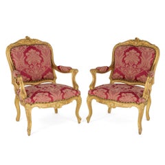 Pair of English Victorian Louis XV-Style Giltwood Armchairs