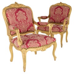 Pair of English Victorian Louis XV-Style Giltwood Armchairs