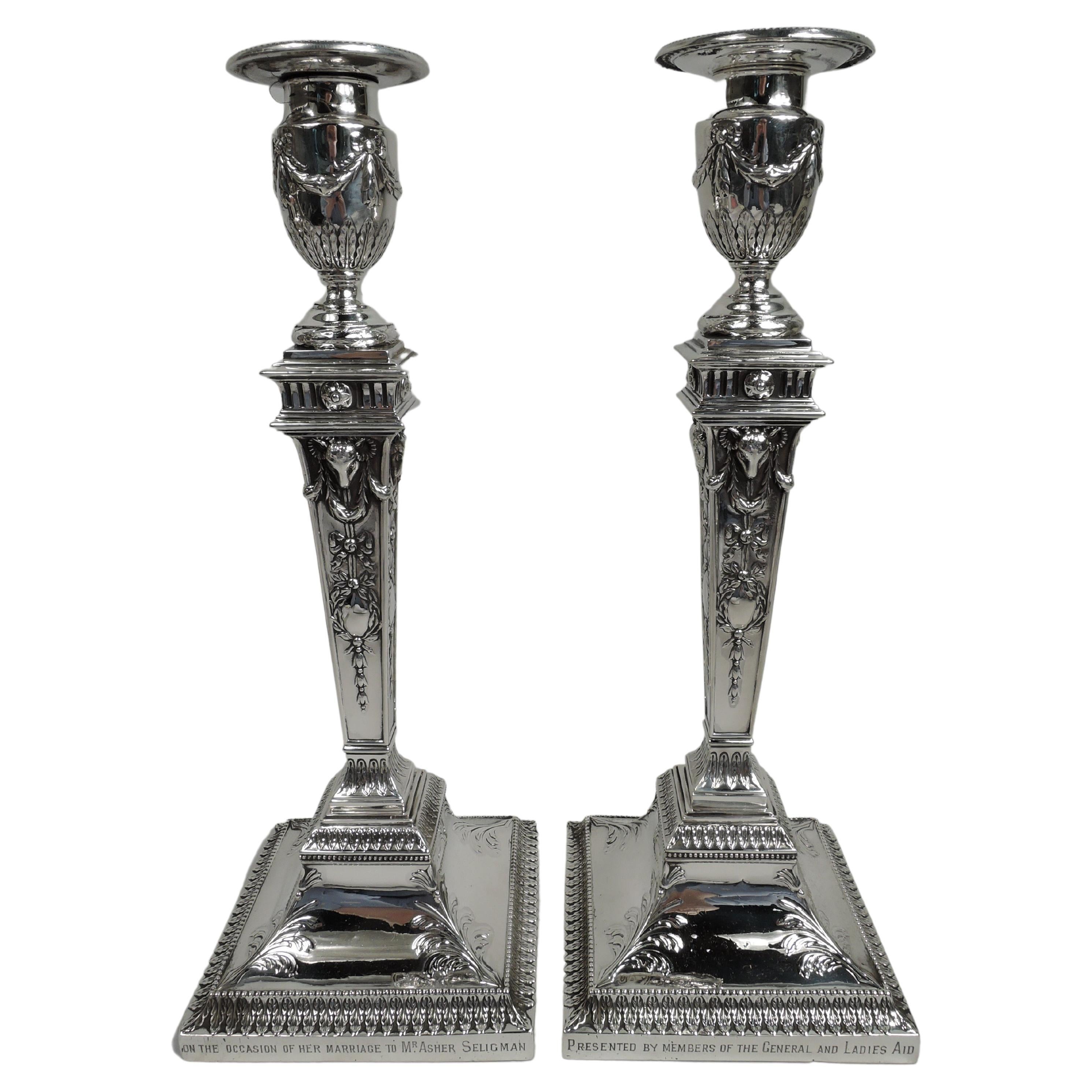 Pair of English Victorian Neoclassical Sterling Silver Candlesticks