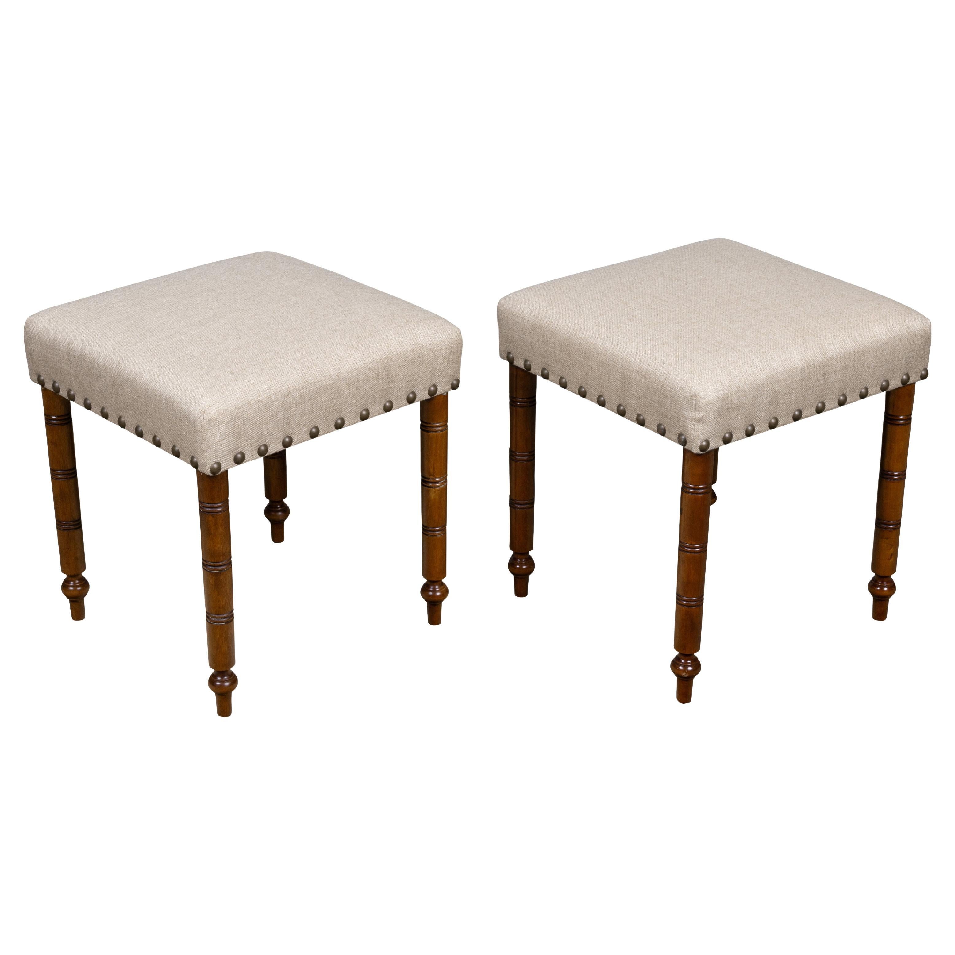 Pair of English Victorian Oak Stools with Linen Upholstery, circa 1880
