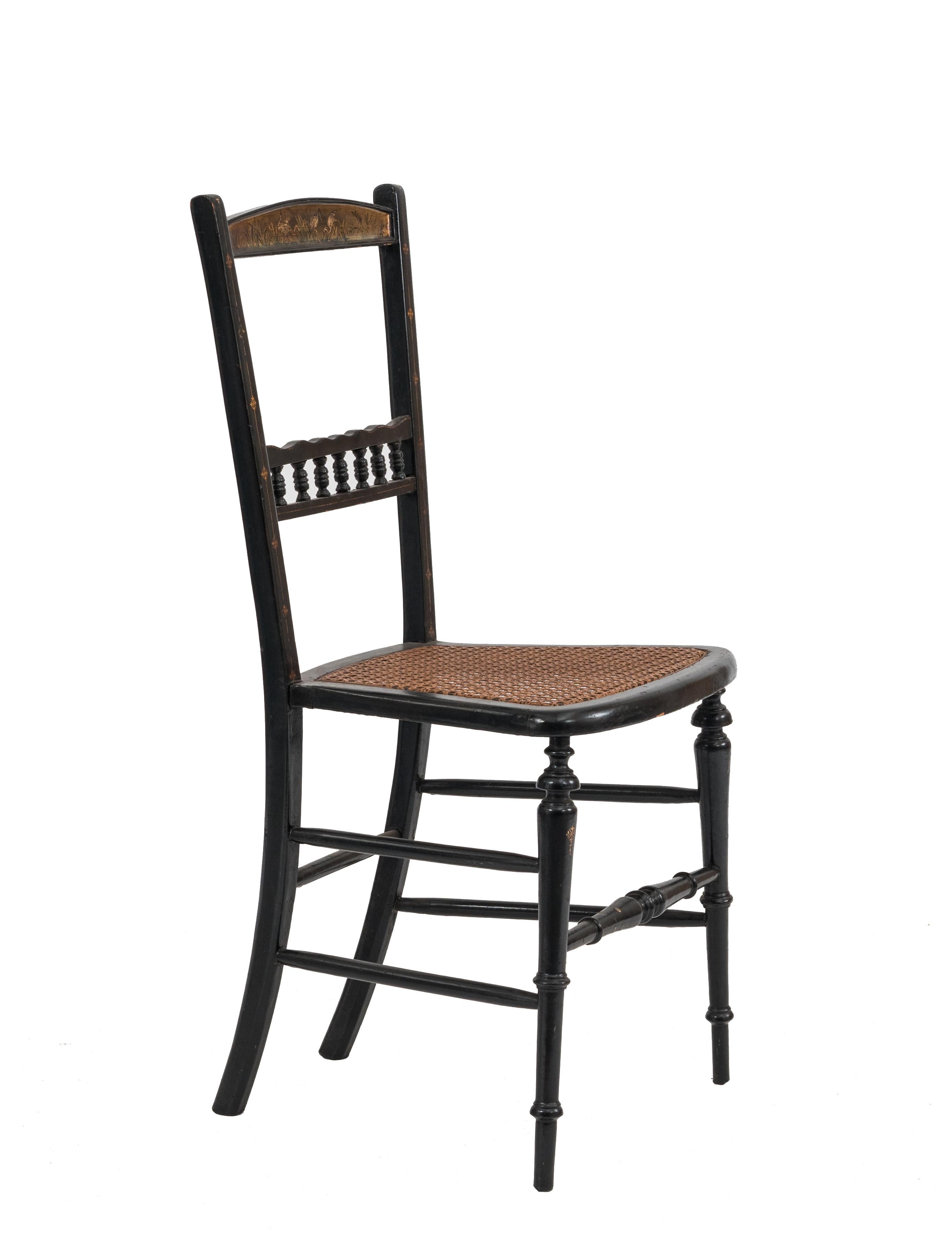 Pair of English Victorian papier-mache and pearl inlaid black lacquer side chairs with spindle design back and stretcher
