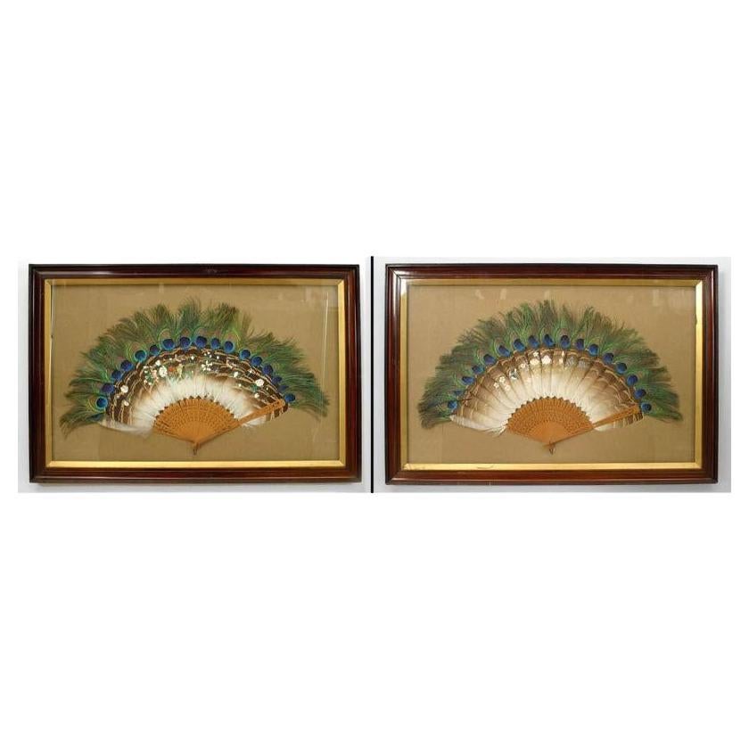 Pair of English Victorian Peacock-Feather Fan Wall Plaques For Sale