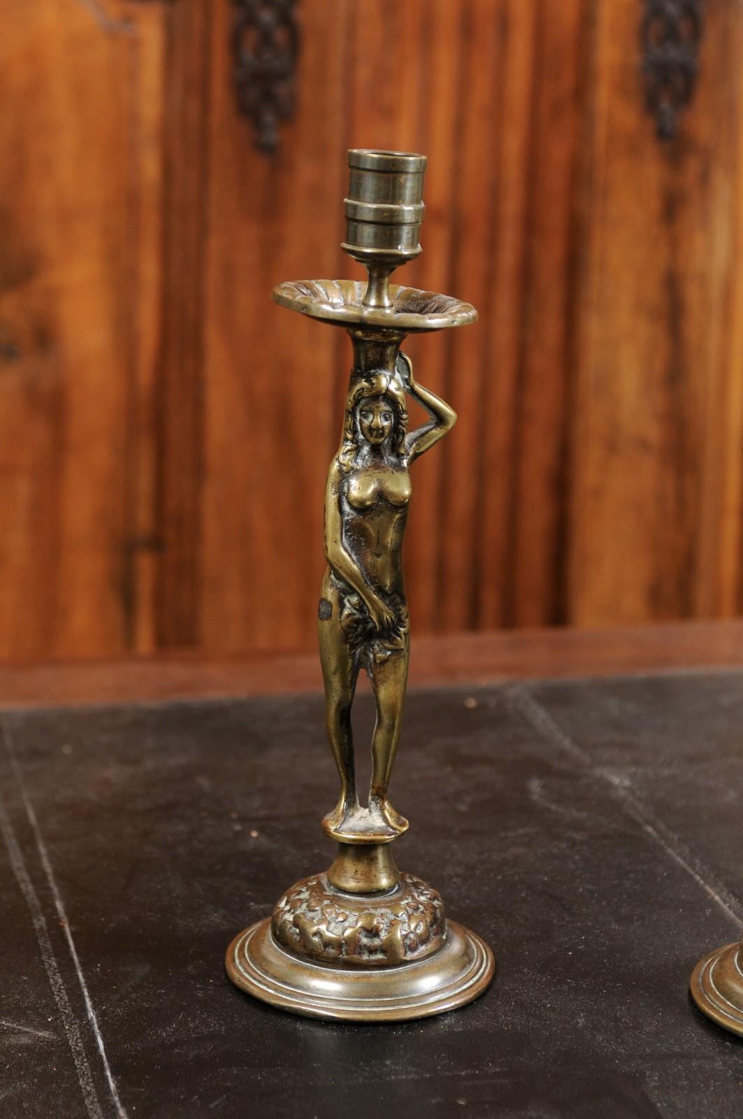 Pair of English Victorian Period 19th Century Adam and Eve Brass Candlesticks 8