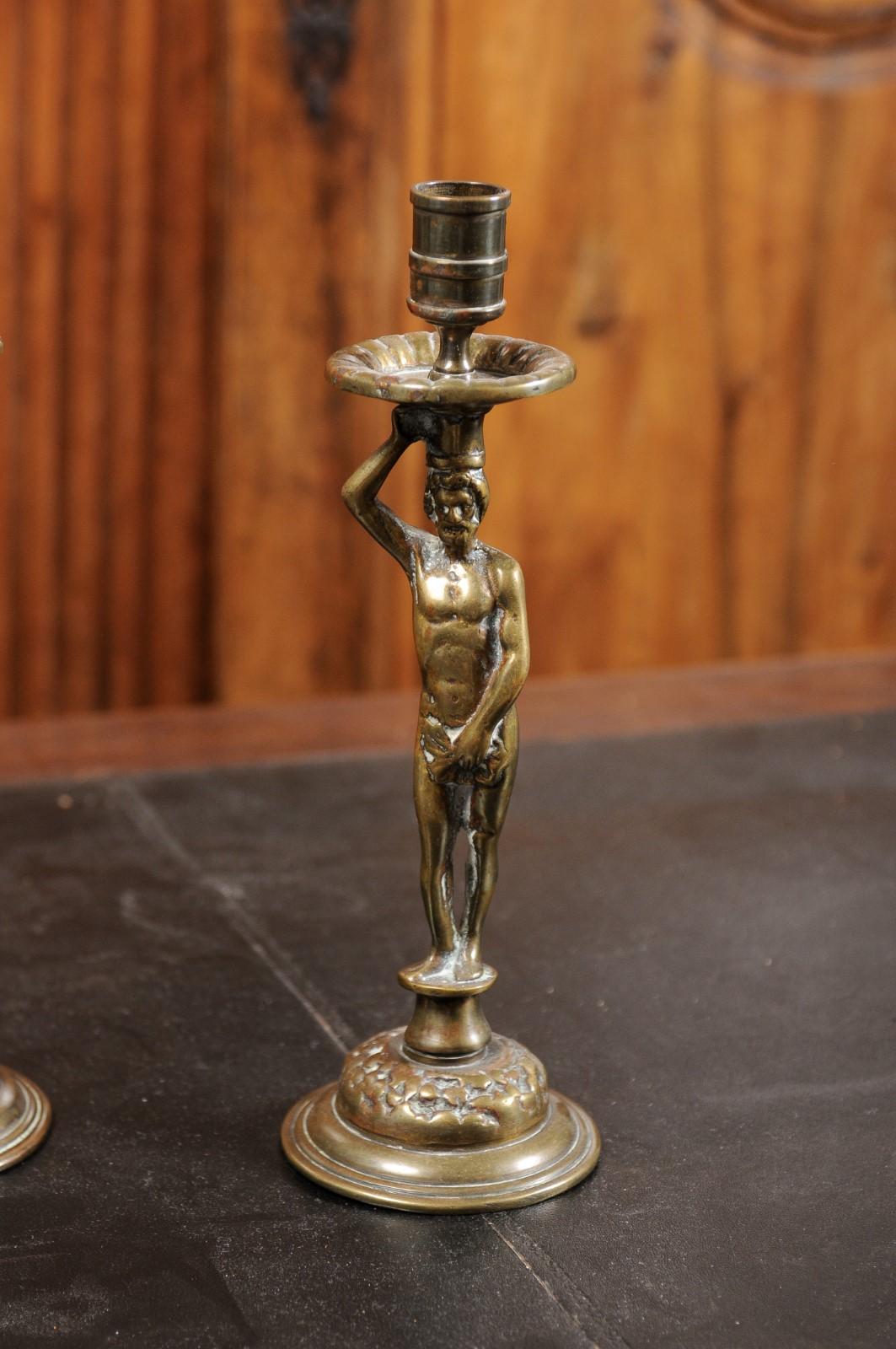 Pair of English Victorian Period 19th Century Adam and Eve Brass Candlesticks 9