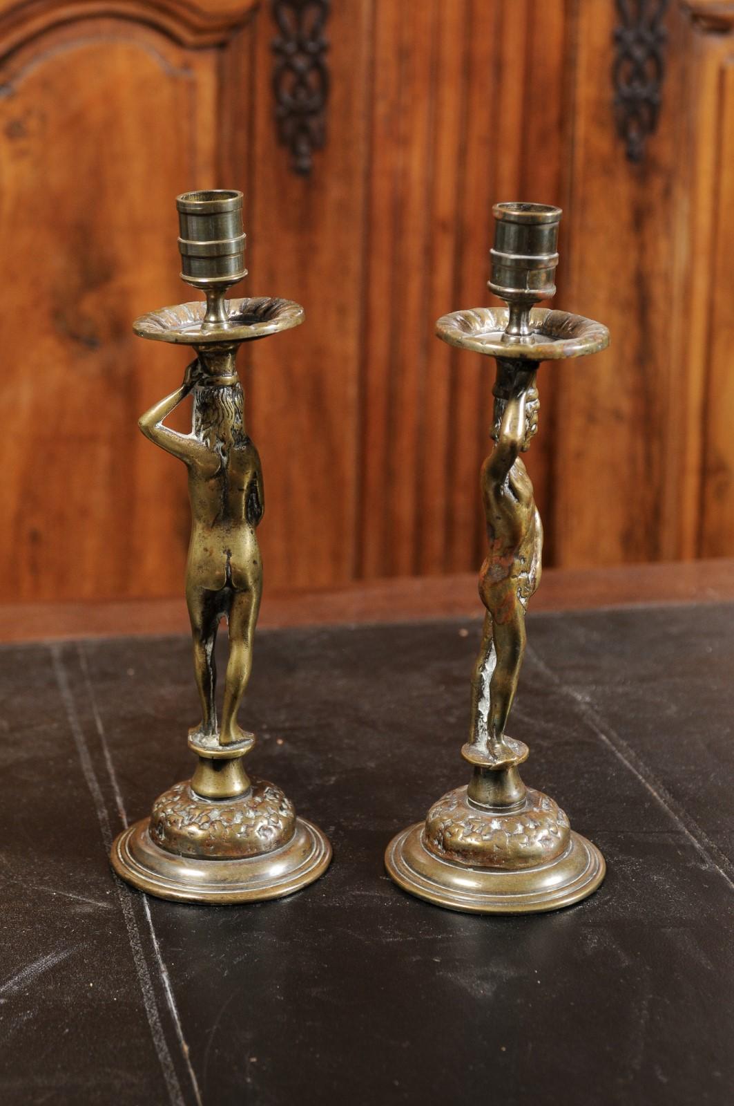 Pair of English Victorian Period 19th Century Adam and Eve Brass Candlesticks In Good Condition In Atlanta, GA