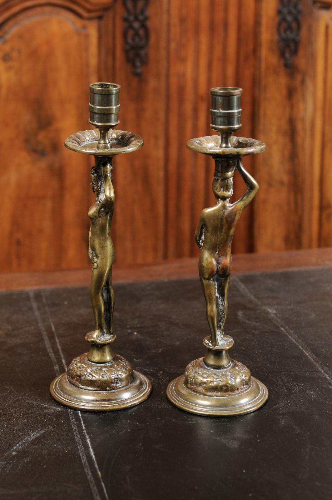 Pair of English Victorian Period 19th Century Adam and Eve Brass Candlesticks 1