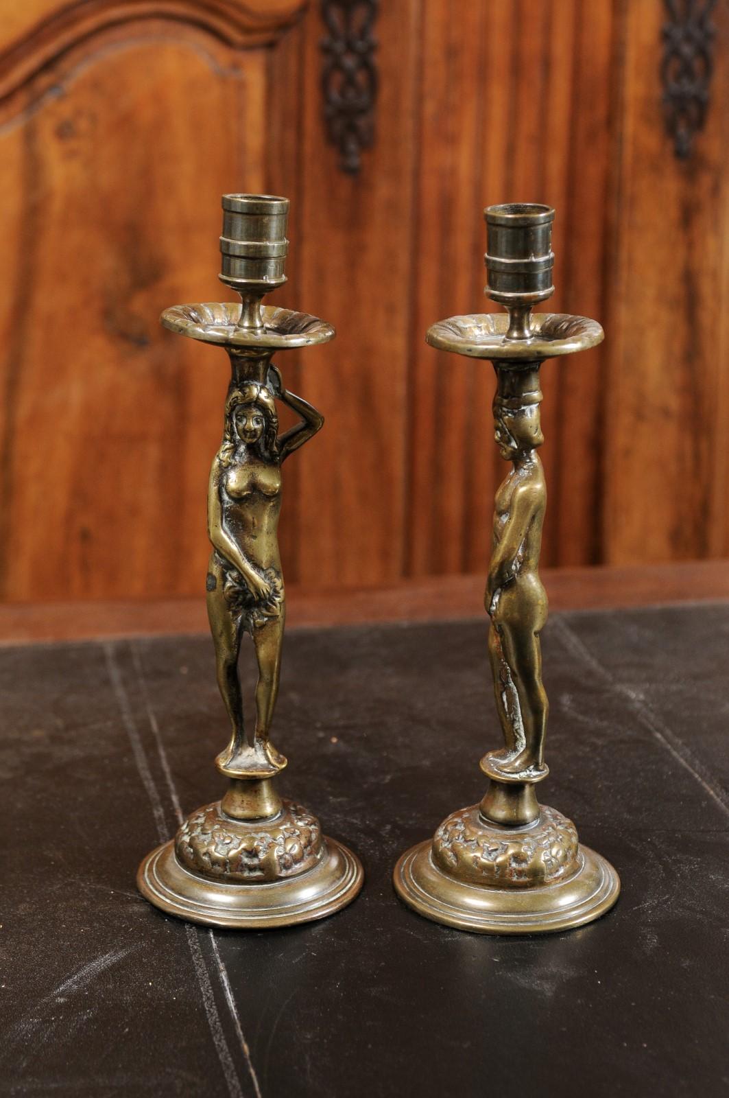 Pair of English Victorian Period 19th Century Adam and Eve Brass Candlesticks 2