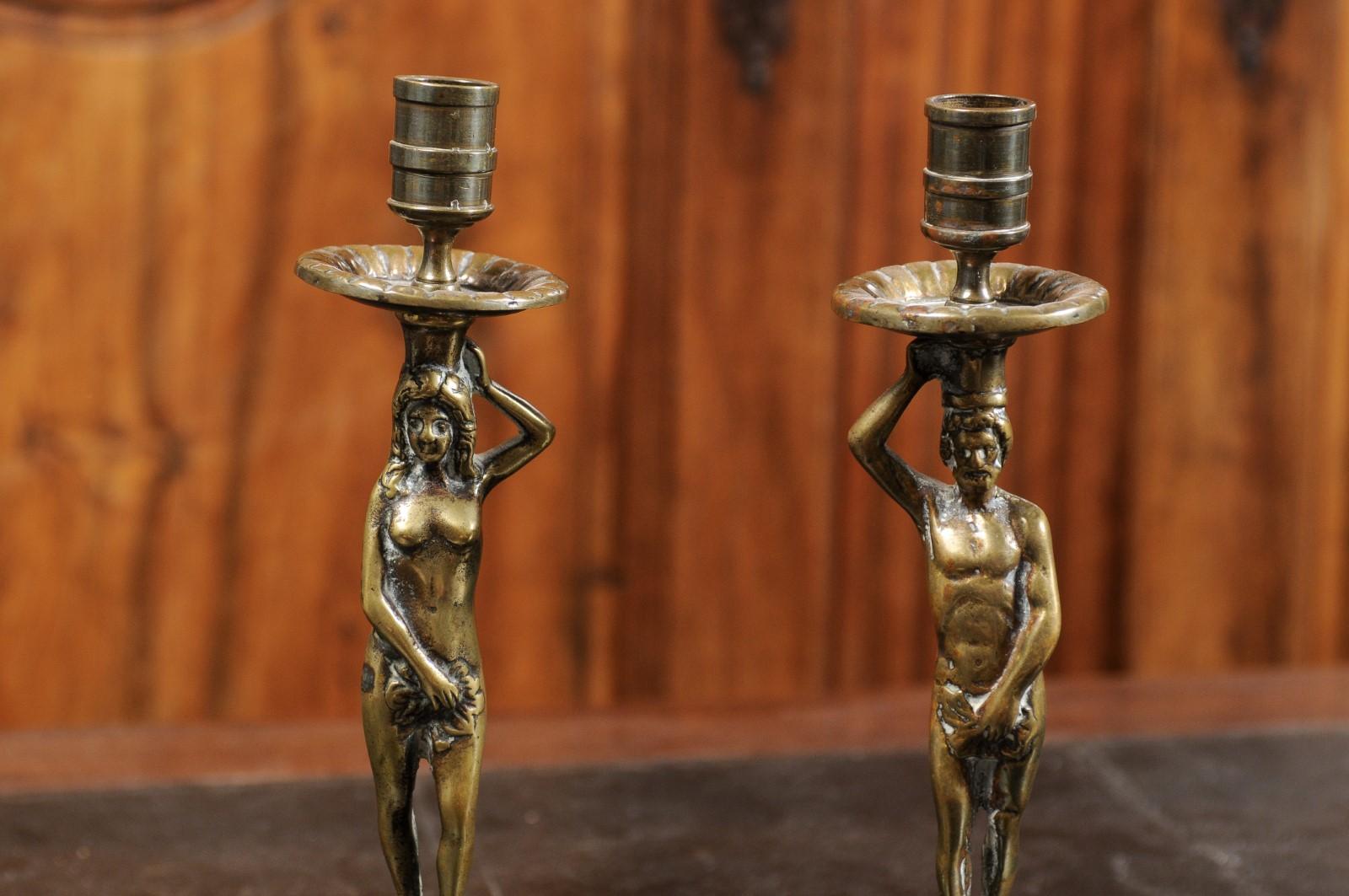 Pair of English Victorian Period 19th Century Adam and Eve Brass Candlesticks 3