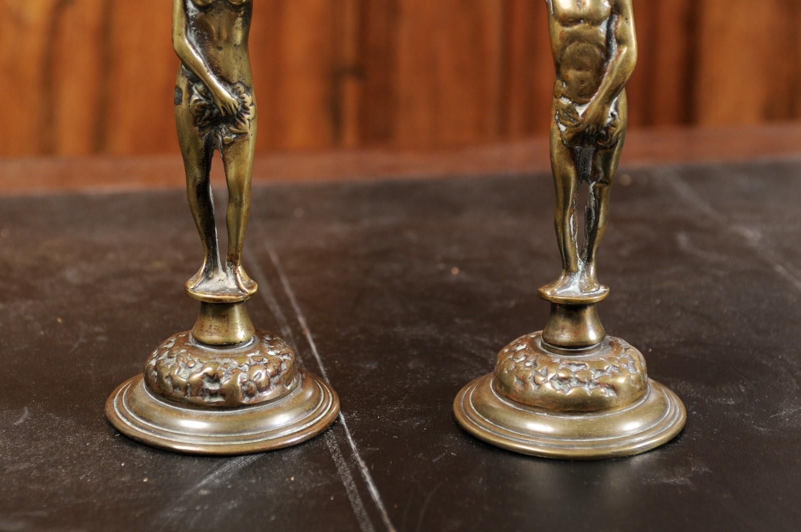 Pair of English Victorian Period 19th Century Adam and Eve Brass Candlesticks 4