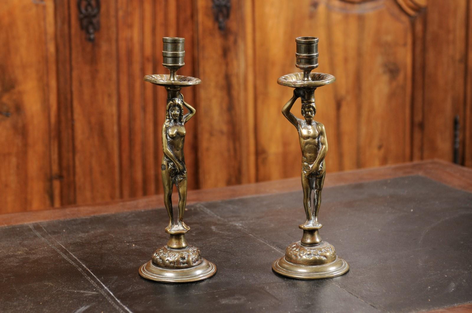 Pair of English Victorian Period 19th Century Adam and Eve Brass Candlesticks 6