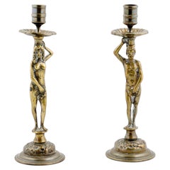 Pair of English Victorian Period 19th Century Adam and Eve Brass Candlesticks
