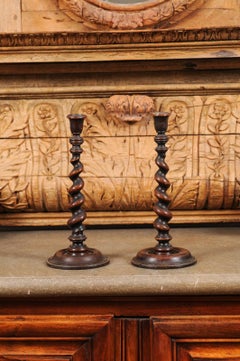 Pair of English Victorian Period Barley Twist Candlesticks with Dark Patina