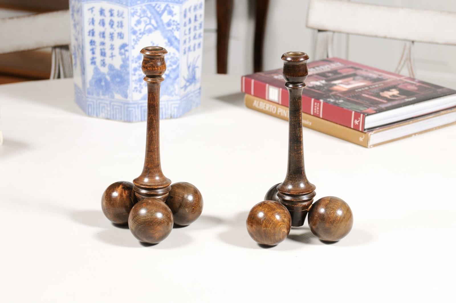 Pair of English Victorian Period Late 19th Century Sphere Bases Candlesticks For Sale 5